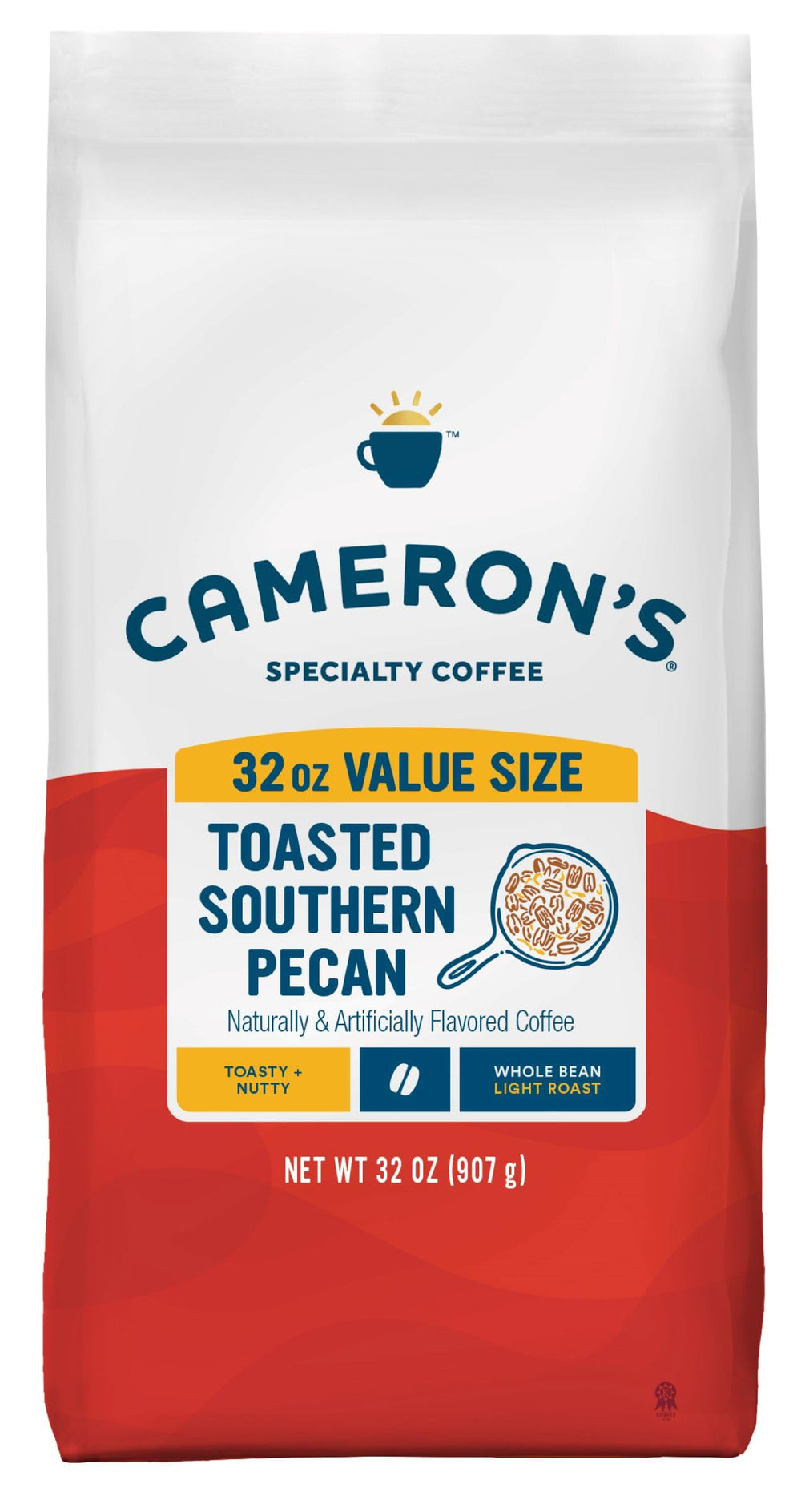 Cameron's Coffee empaque frontal que muestra sabor pecana y beneficio conveniencia