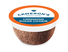 Cameron's Coffee caja frontal mostrando cápsulas y sabor Cinnamon Sugar Cookie y conveniencia
