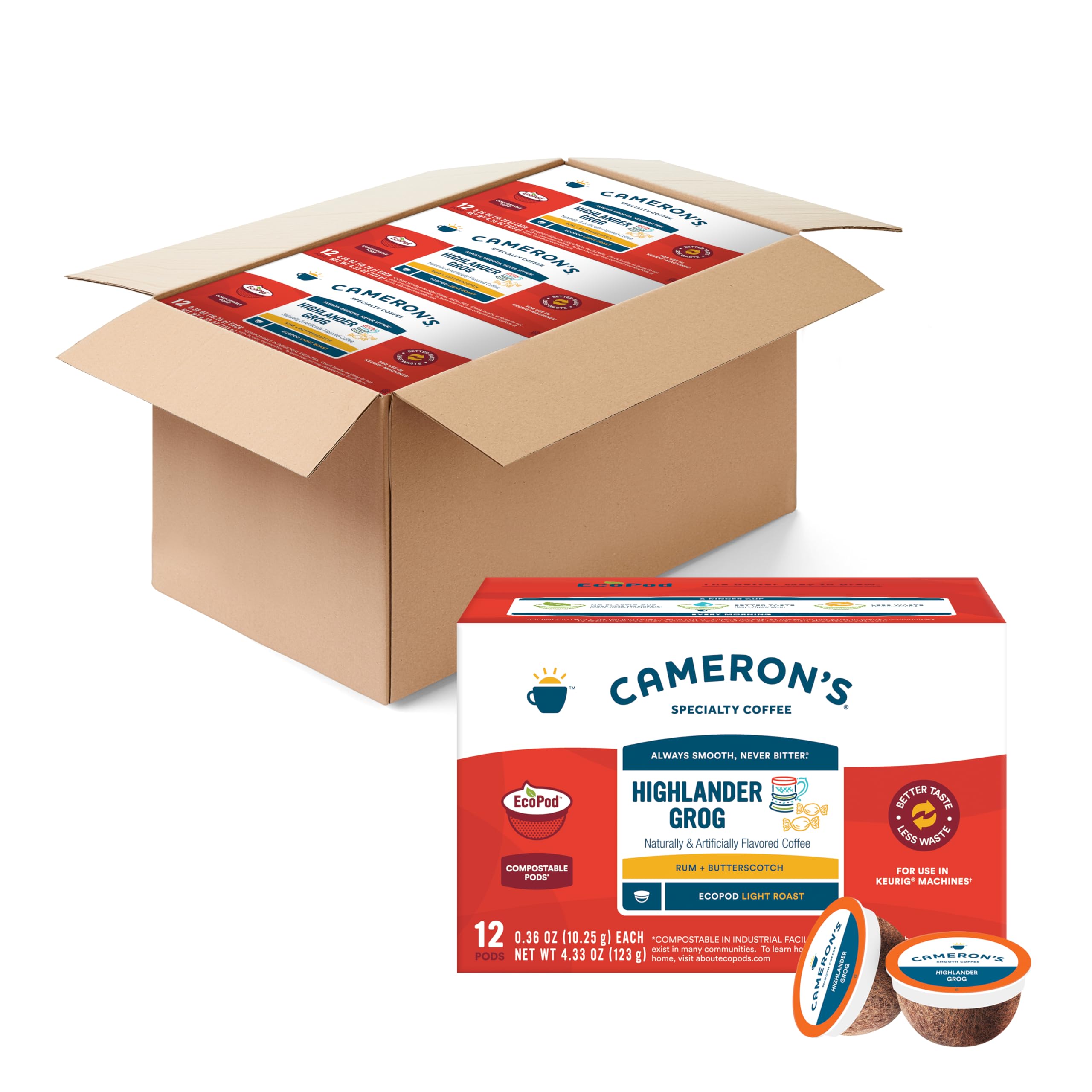Cameron's Coffee empaque frontal mostrando cápsulas EcoPod y facilidad