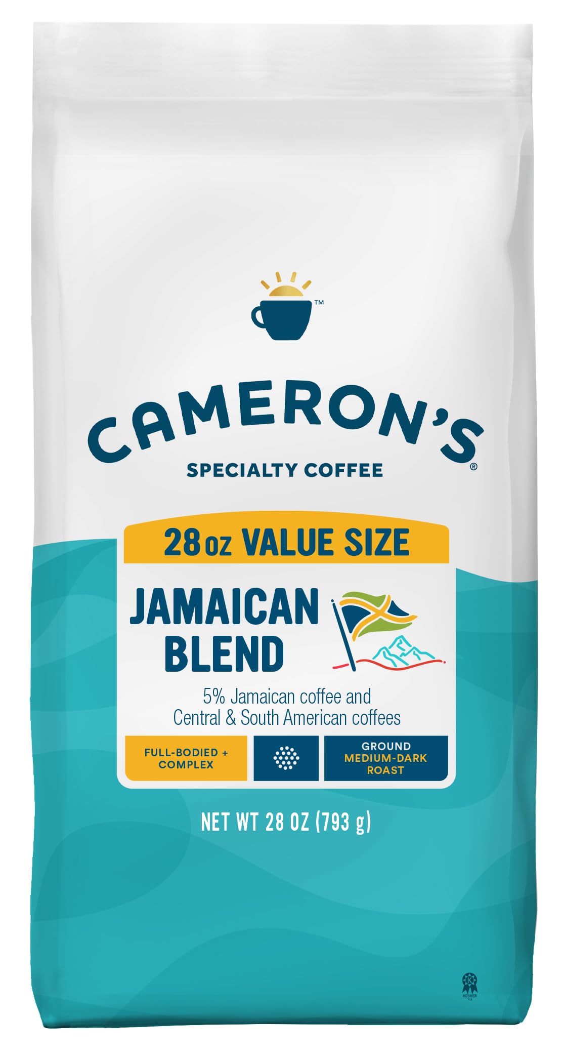 Cameron's Coffee bolsa frontal mostrando diseño y tamaño 28 oz, ideal para despensa