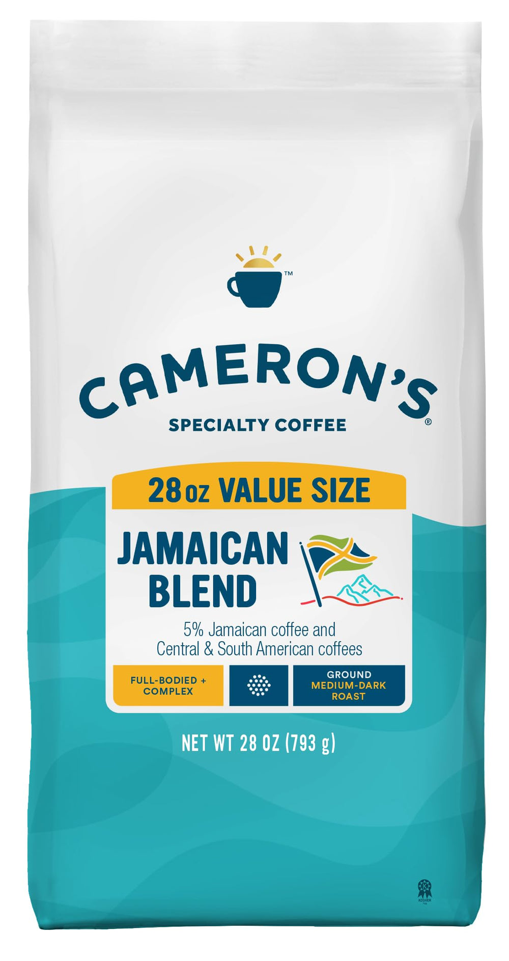 Cameron's Coffee bolsa frontal mostrando diseño y tamaño 28 oz, ideal para despensa