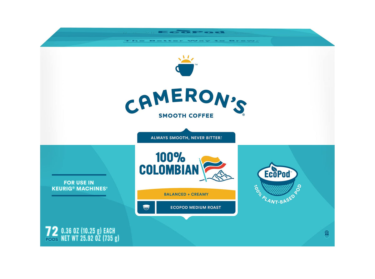 Cameron's Coffee packaging frontal mostrando 72 cápsulas y conveniencia