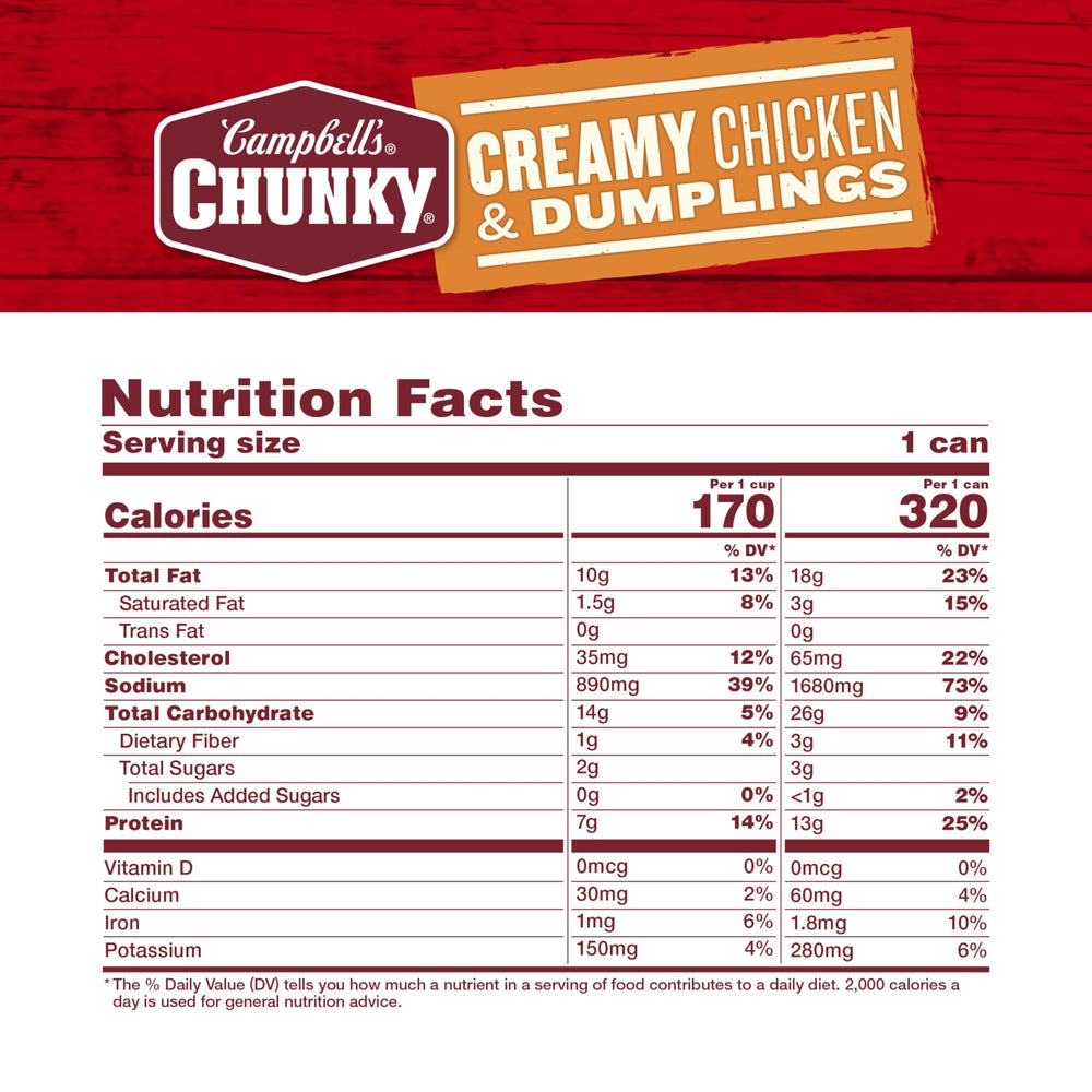 Campbell’s Chunky detalle de etiqueta indicando ingredientes y tamaño