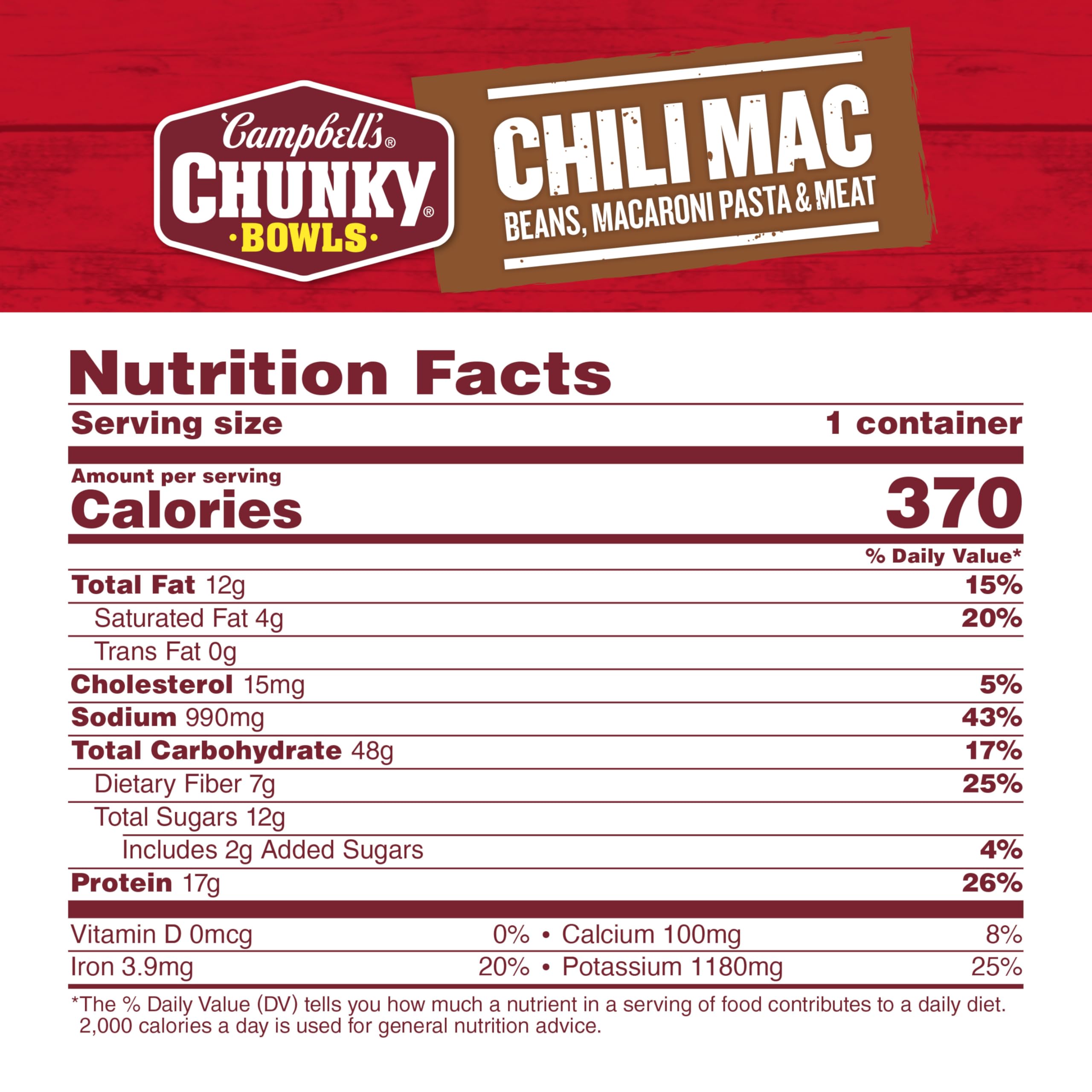 Campbell’s Chunky etiqueta con información de ingredientes y nutrición