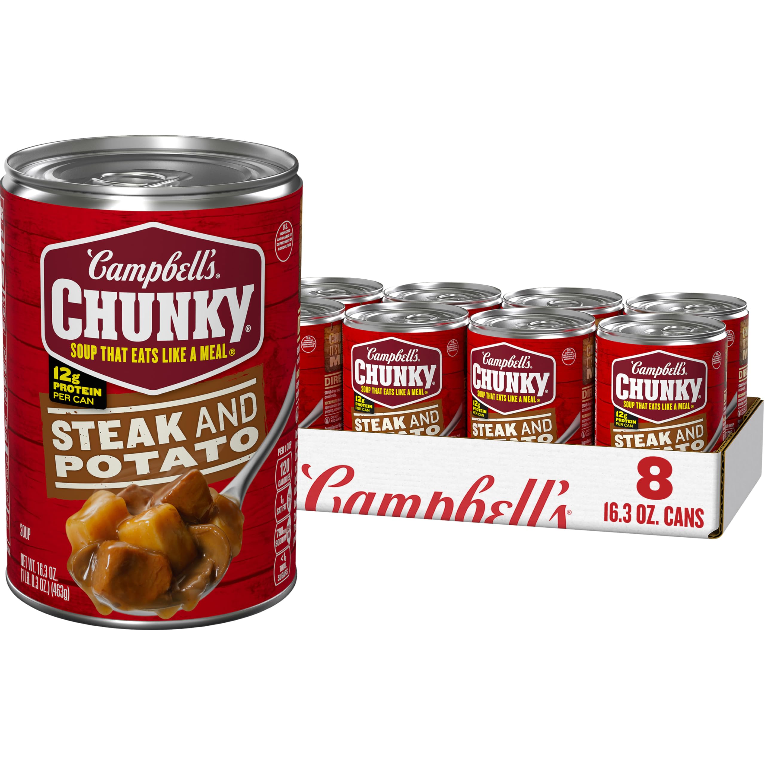 Campbell’s Chunky lata frontal mostrando etiqueta y tamaño claro