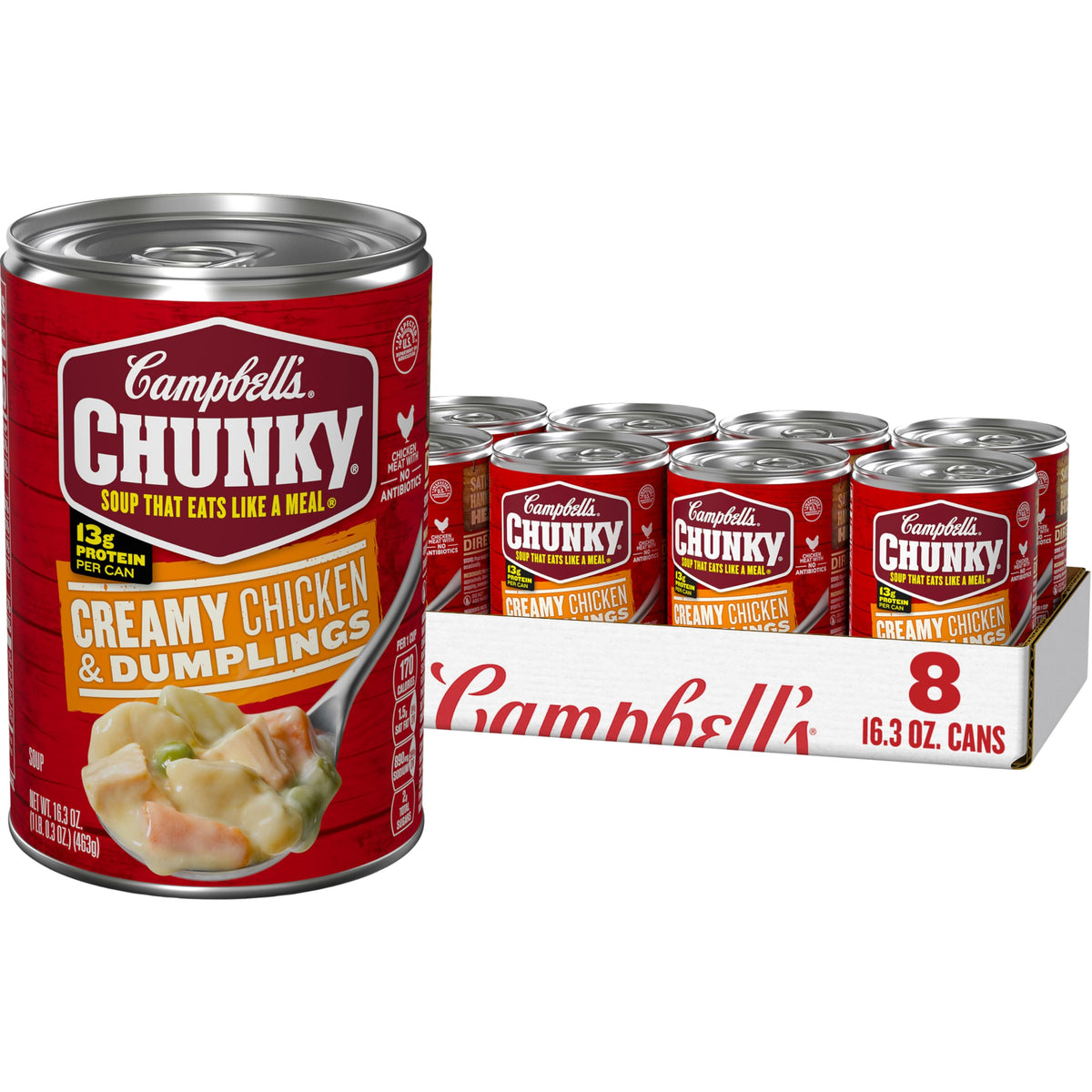 Campbell’s Chunky frente de lata mostrando la marca y beneficios