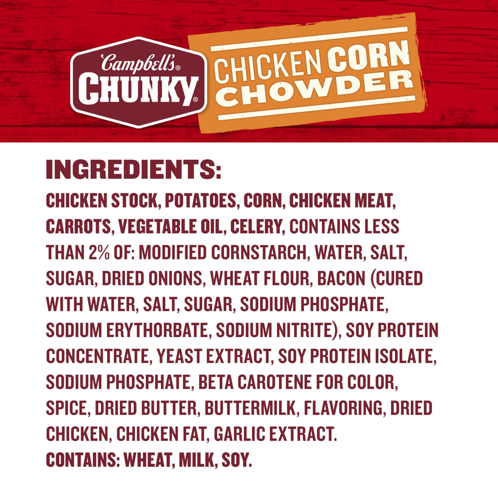 Campbell’s Chunky ingredientes visibles: pollo, maíz y verduras, aporte proteico