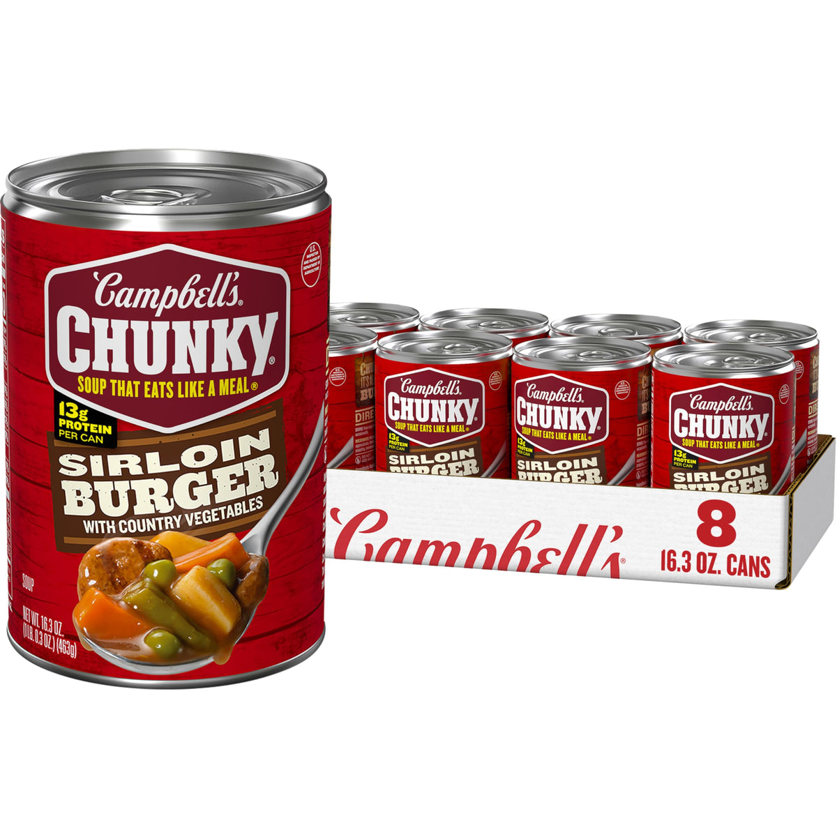 Campbell’s Chunky lata frente mostrando diseño y tamaño, conveniencia inmediata