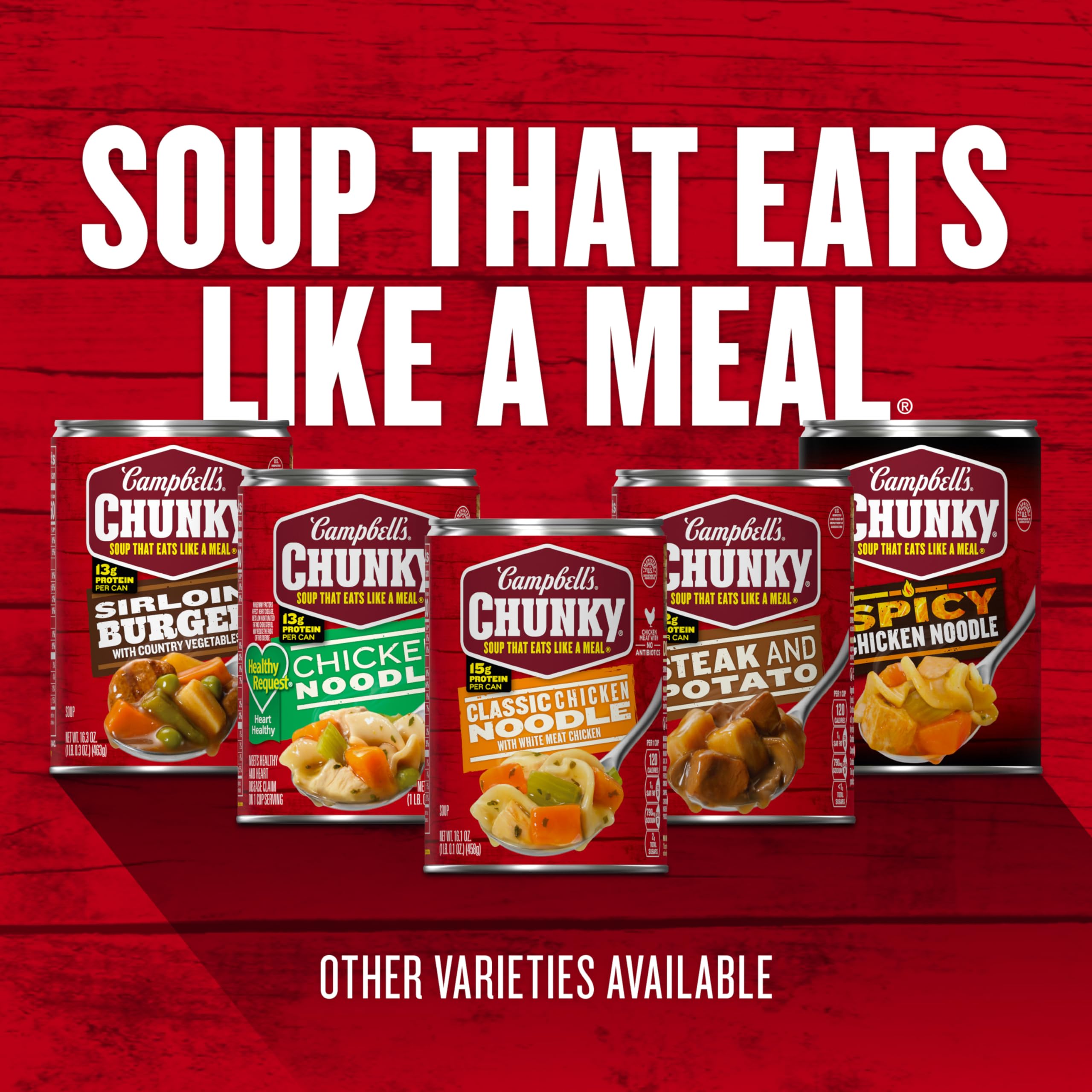 Campbell’s Chunky pack apilado en despensa mostrando almacenamiento