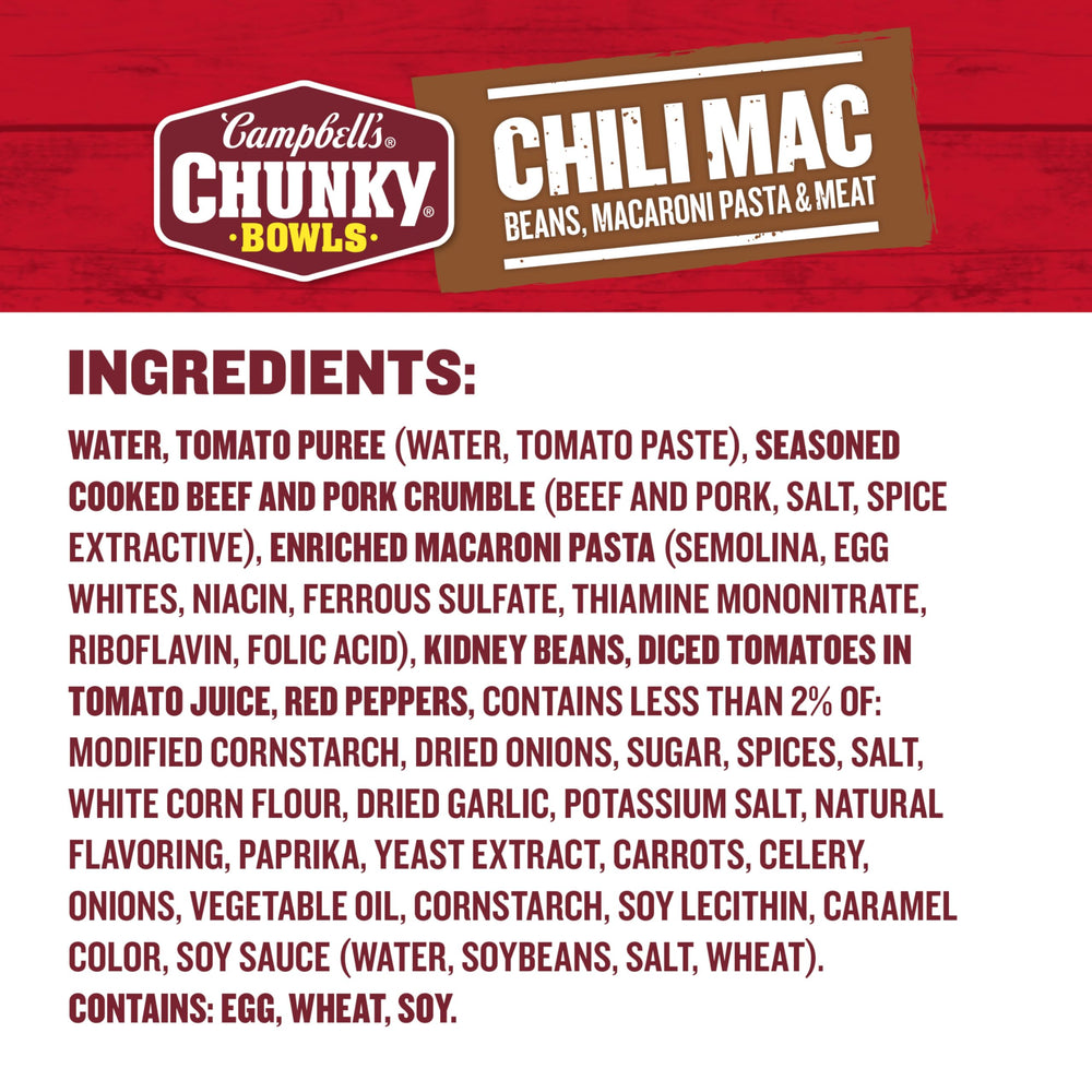 Campbell’s Chunky tazón abierto mostrando carne, frijoles y macarrones