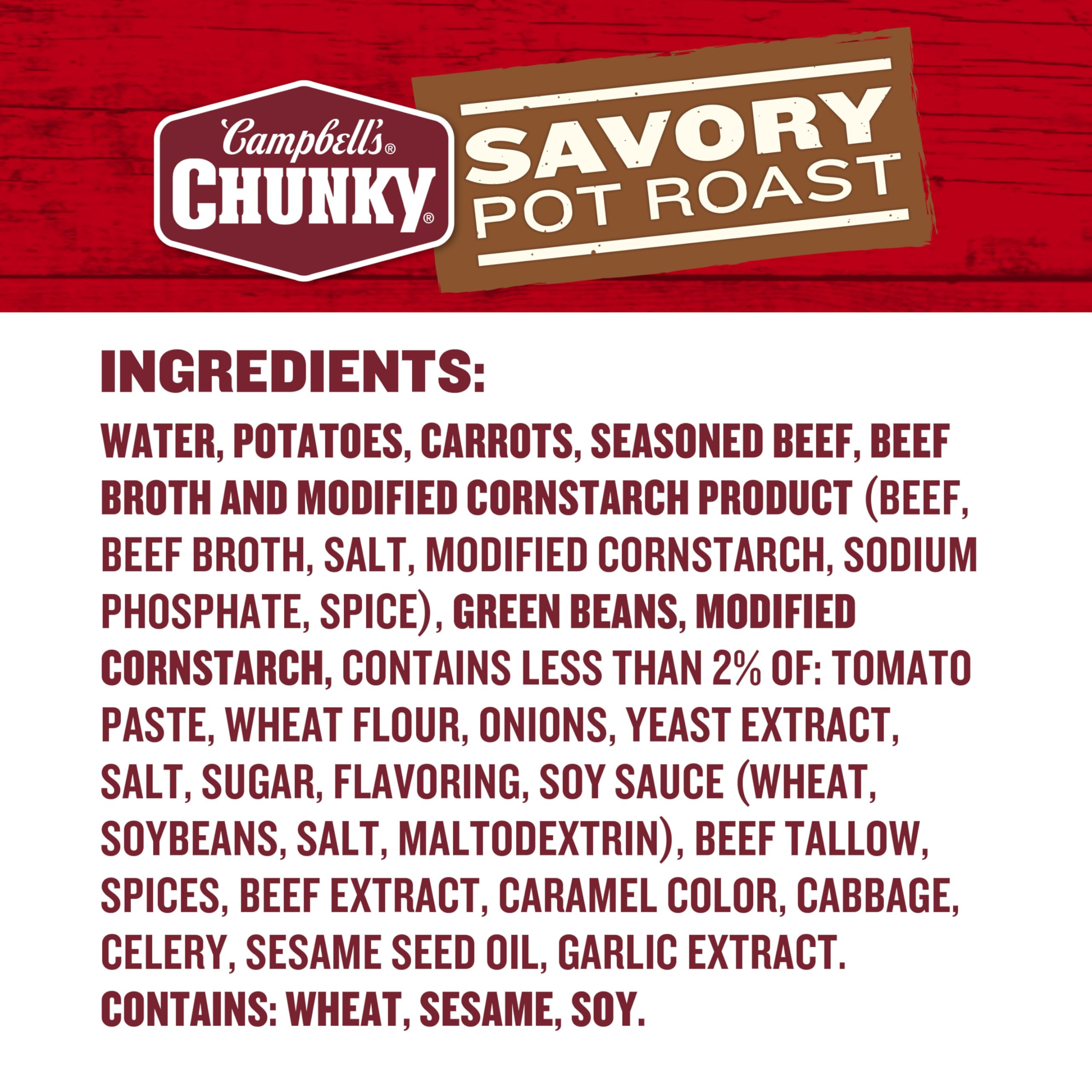 Campbell’s Chunky primer plano de la textura con trozos de carne y verduras reconfortantes