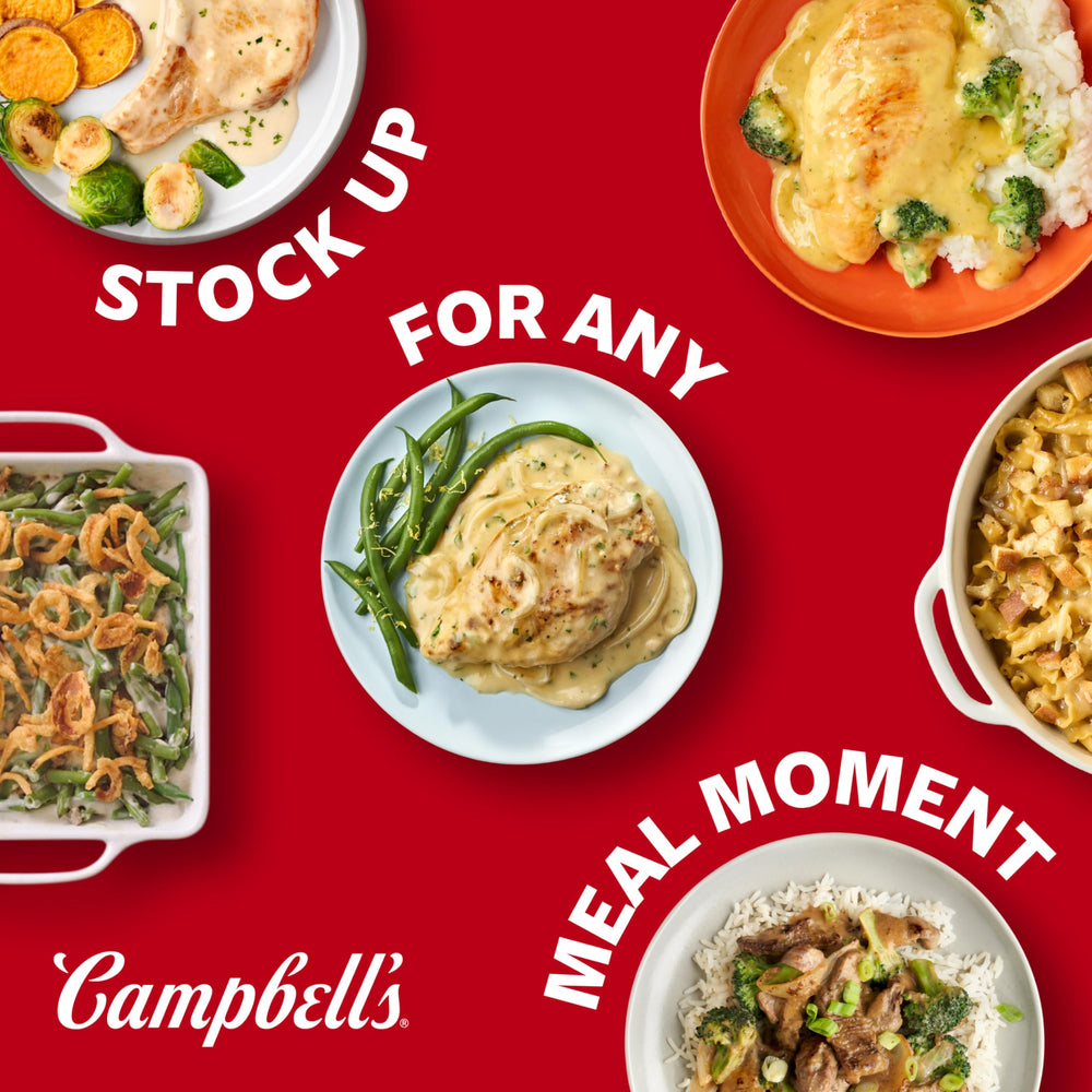 Campbell's lata en mano para comparar tamaño y porciones disponibles