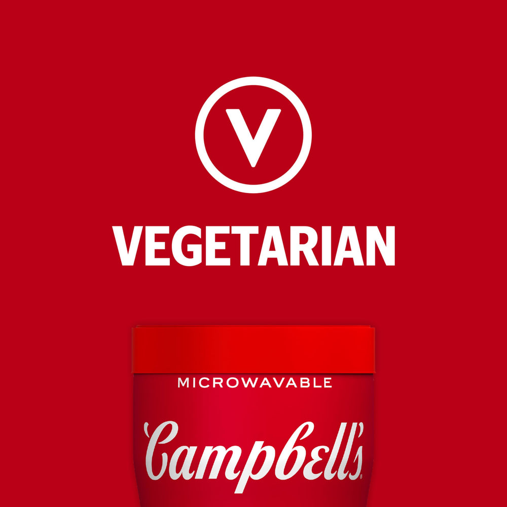 Campbell's taza junto a una mano para comparar tamaño y control de porciones