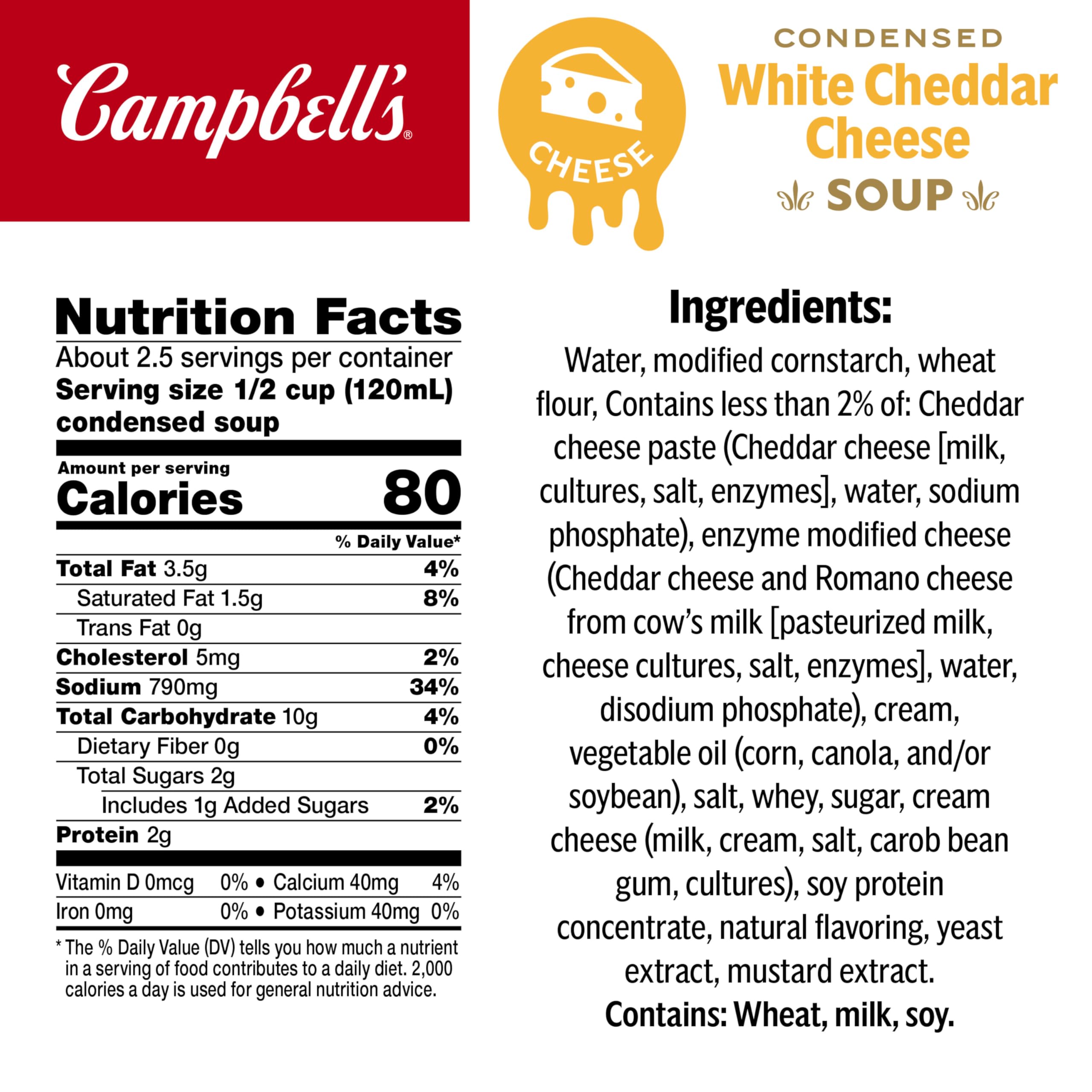 Campbell's detalle de etiqueta legible con ingredientes y beneficios prácticos