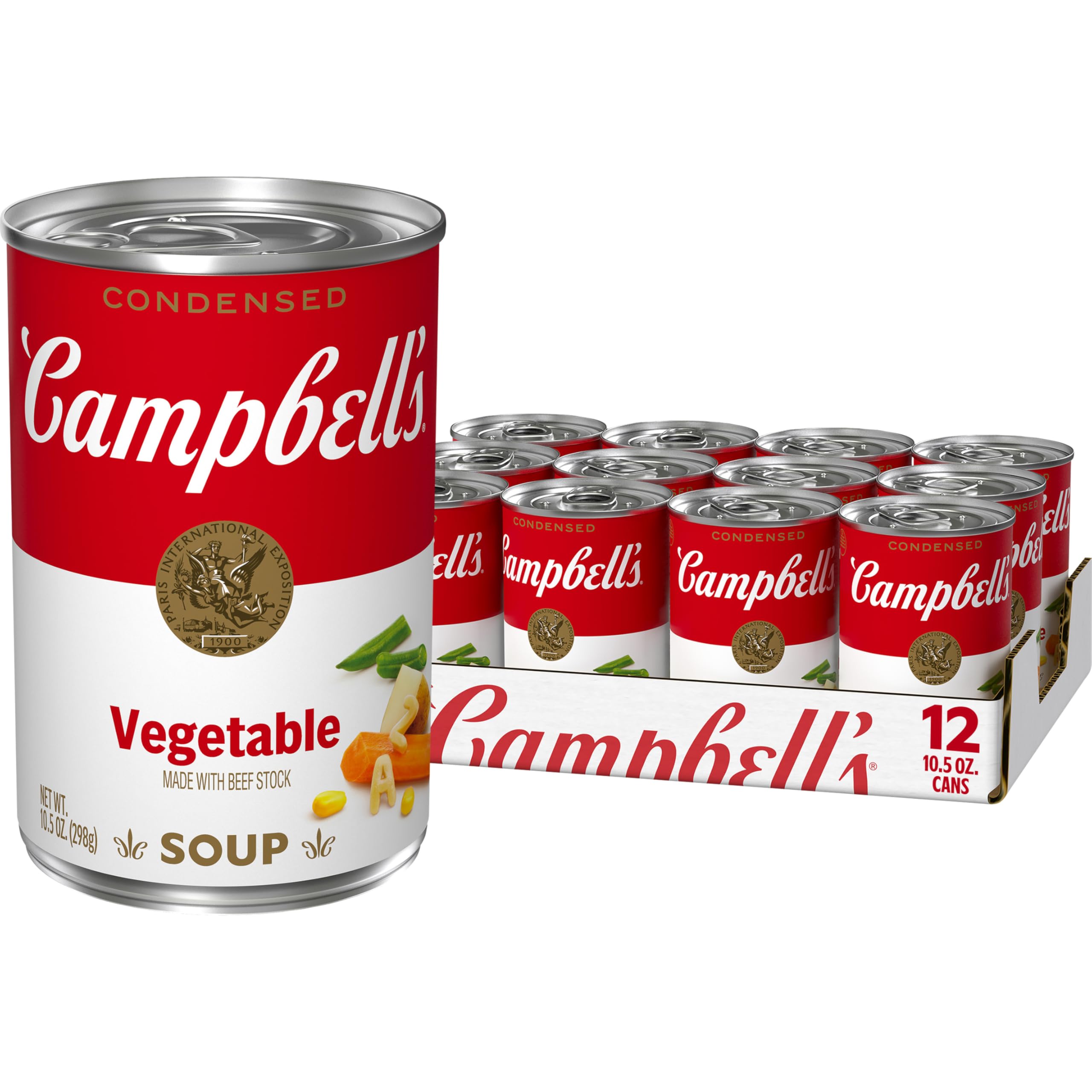 Campbell's lata vista frontal mostrando la sopa, reconforta y es rápida