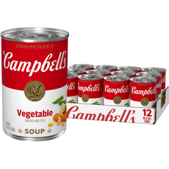 Campbell's lata vista frontal mostrando la sopa, reconforta y es rápida