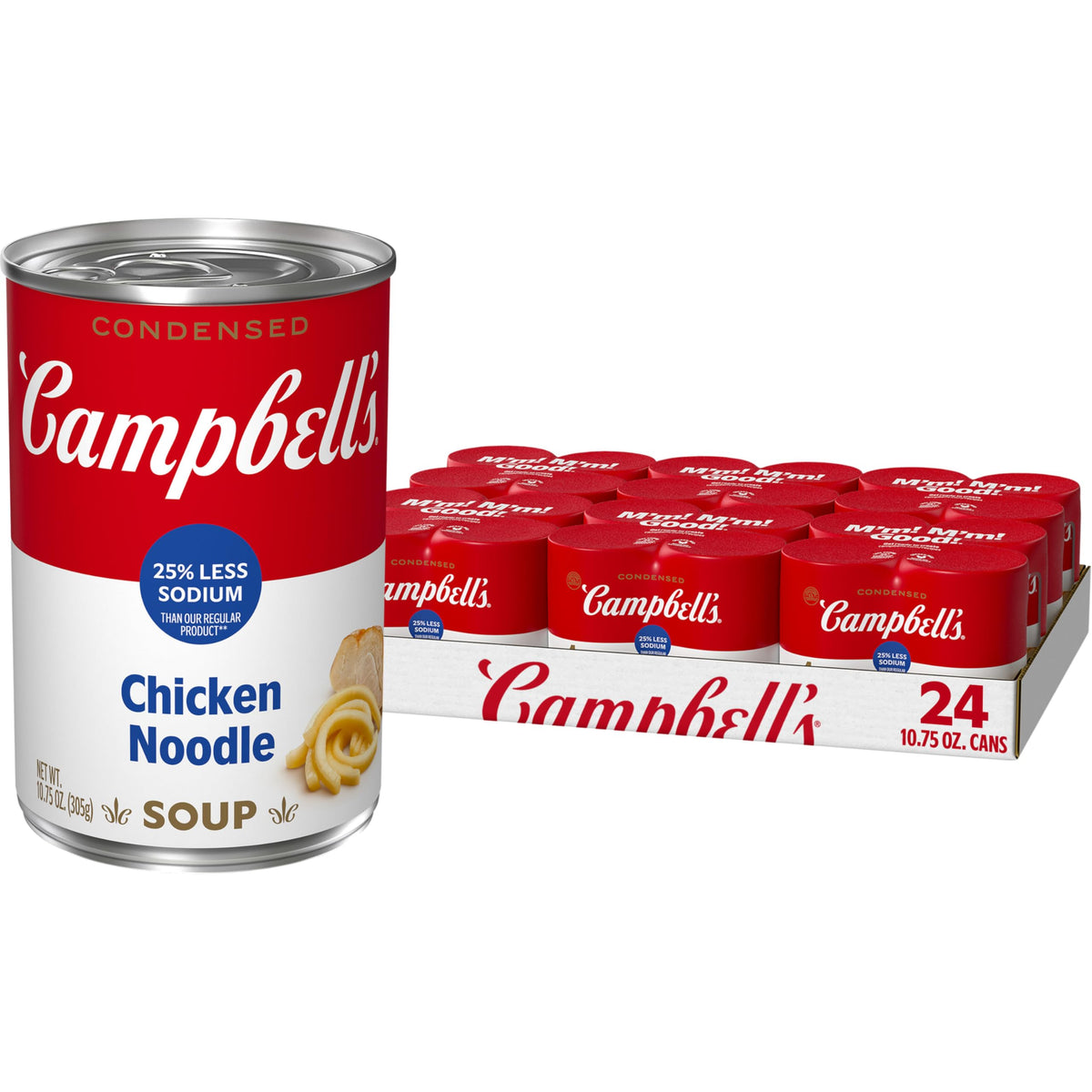 Campbell's lata frente mostrando etiqueta y beneficio de menos sodio