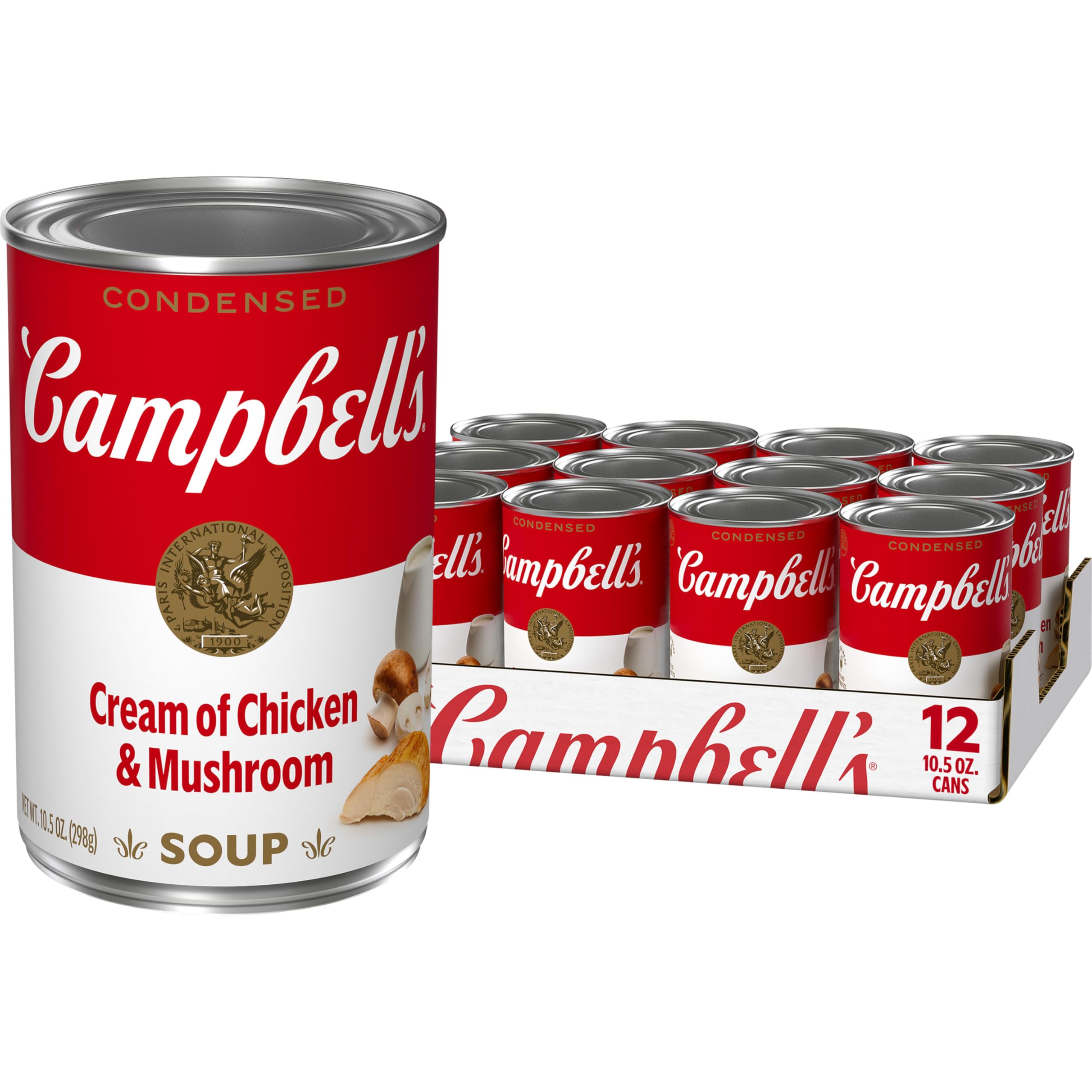 Campbell's lata frontal mostrando marca y sabor, conserva sabor consistente