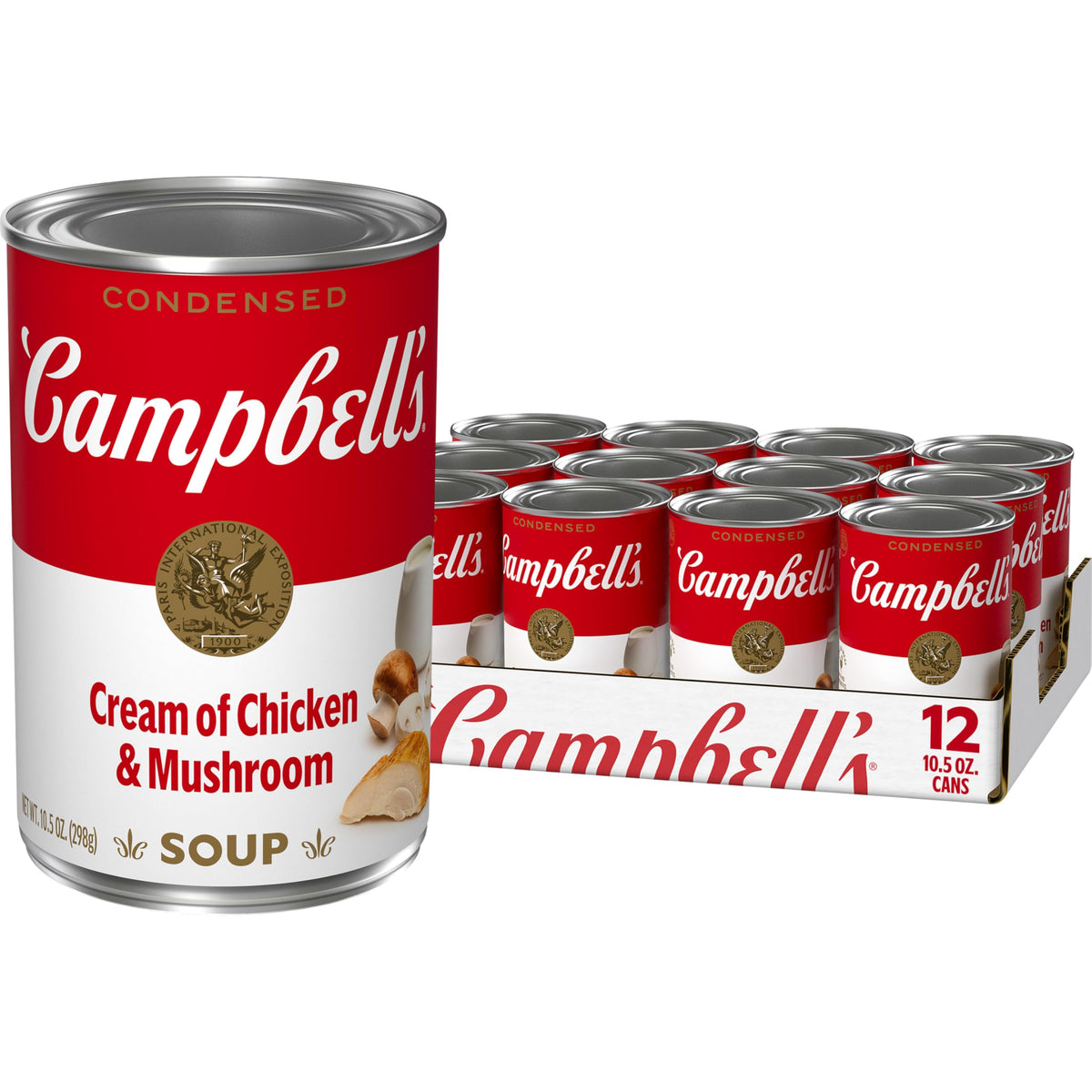 Campbell's lata frontal mostrando marca y sabor, conserva sabor consistente