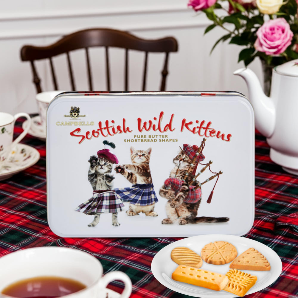 Campbells Shortbread detalle de la ilustración Wild Kittens en la lata resaltando atractivo regalo