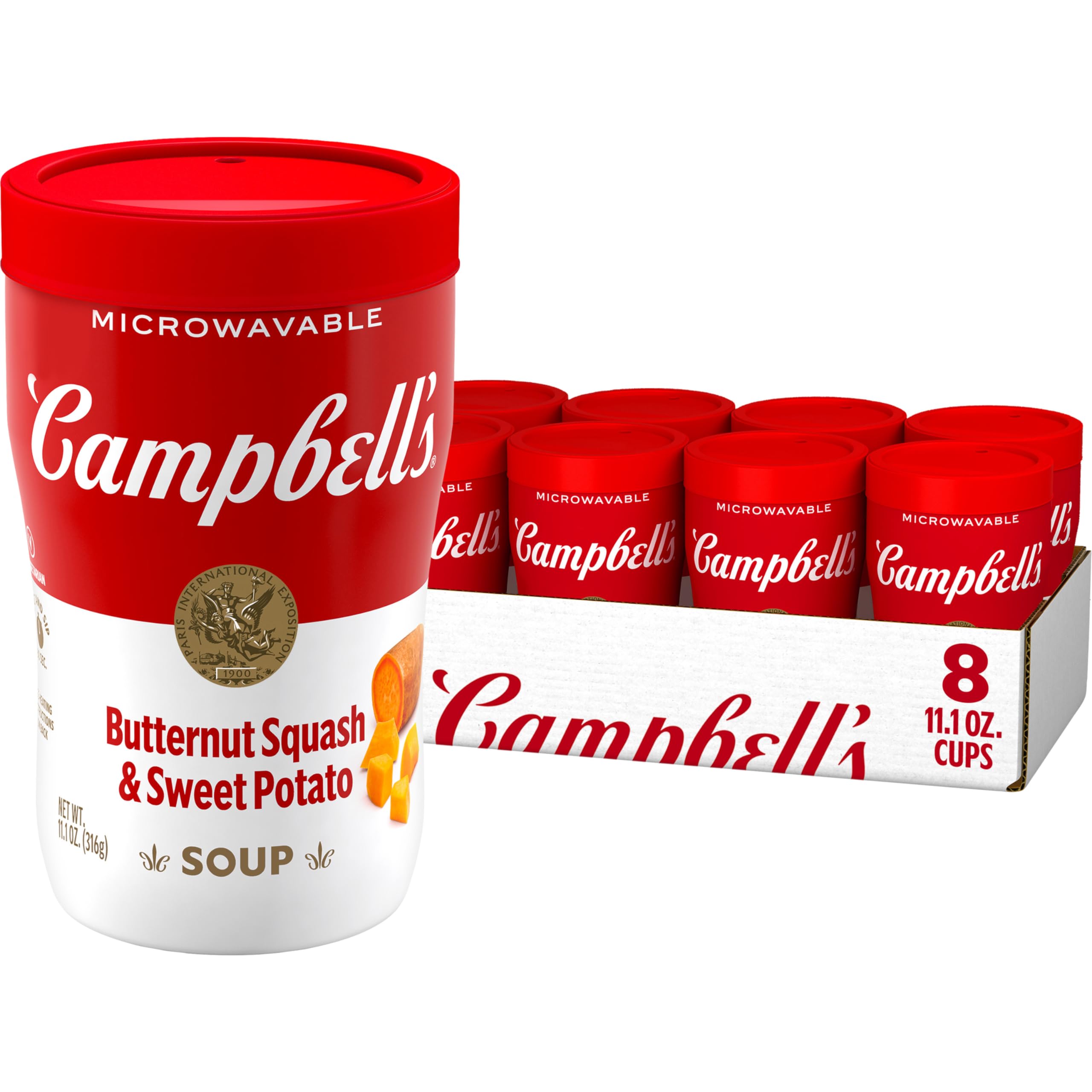 Campbell's vaso frontal mostrando etiqueta y conveniencia para llevar
