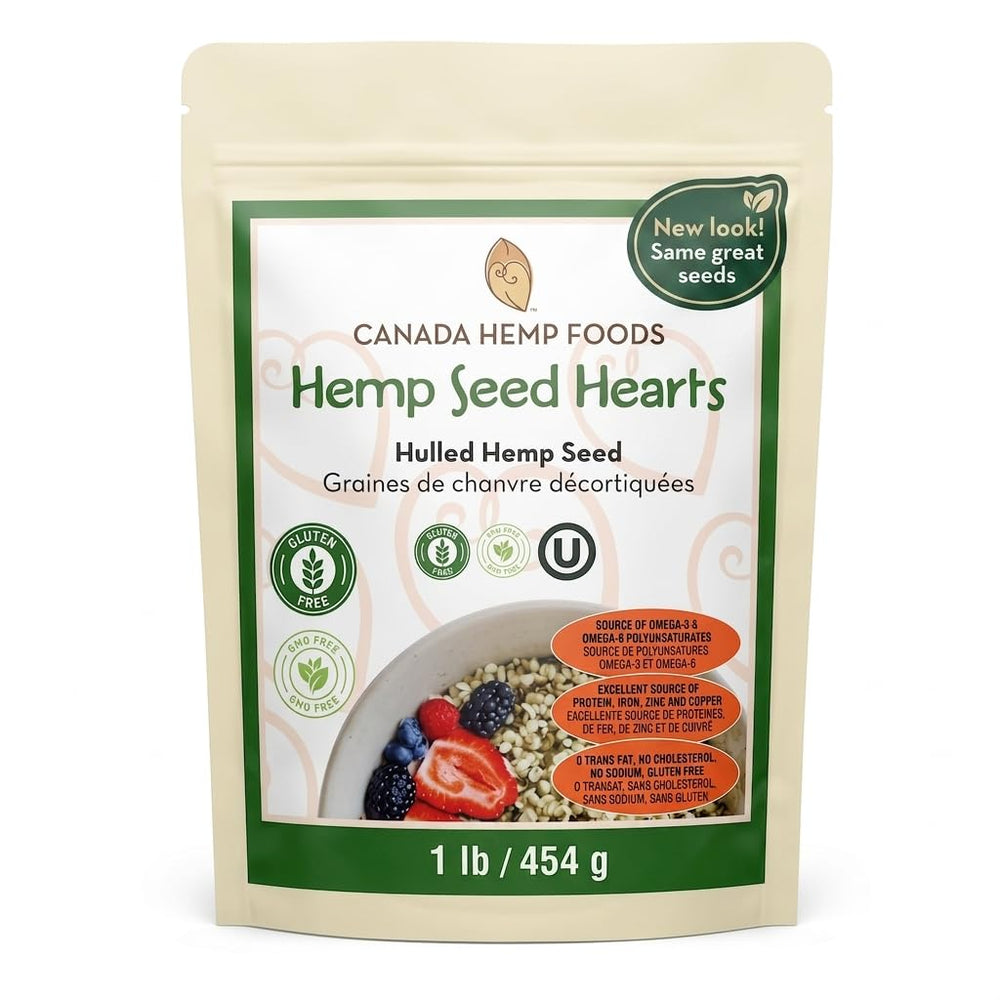 Canada Hemp Foods frente del empaque mostrando la bolsa de 1 libra y beneficios nutricionales