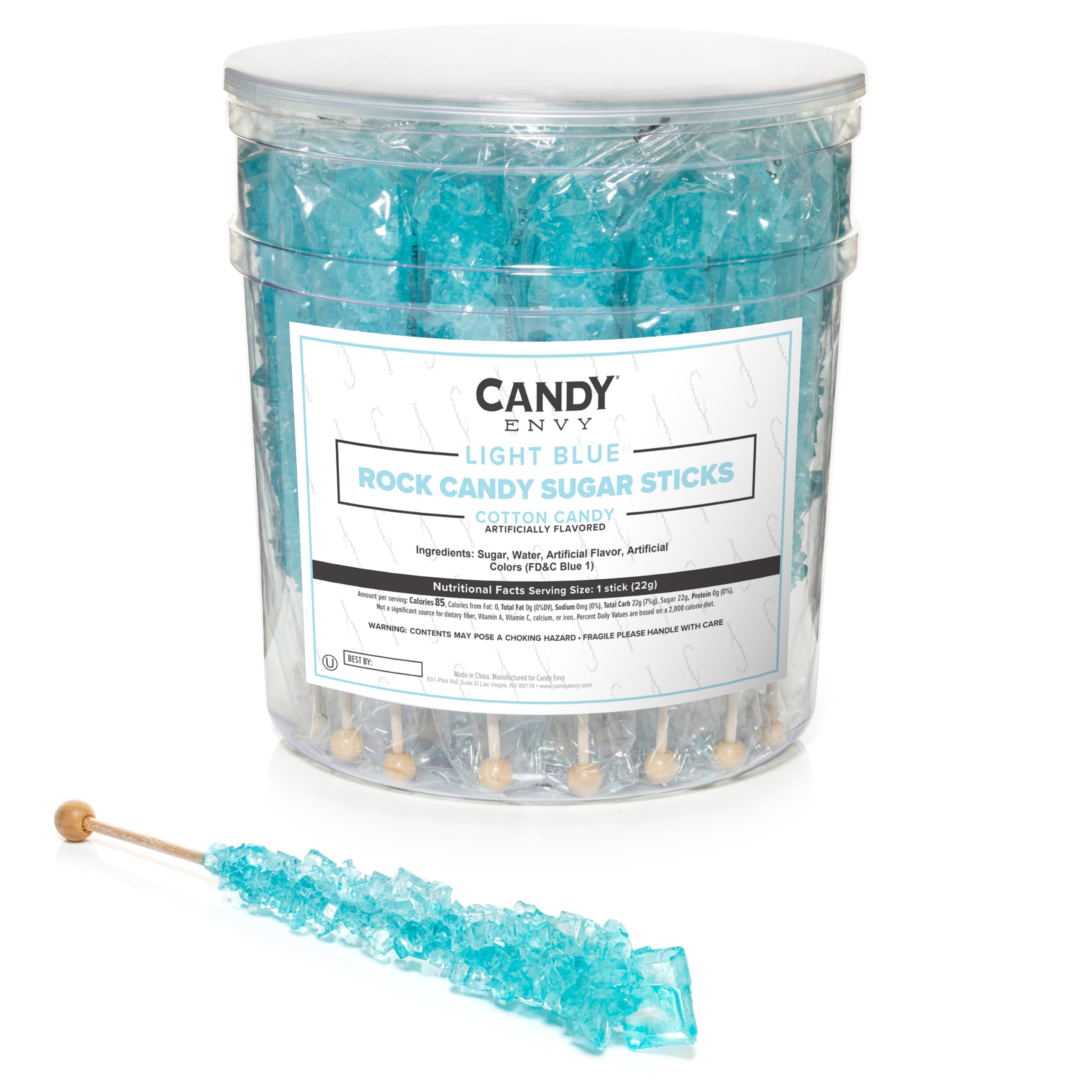 Candy Envy paquete frontal mostrando 36 palitos azul claro y presentación atractiva