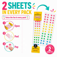 Candy House botones en papel en uso, persona despega y come de forma divertida