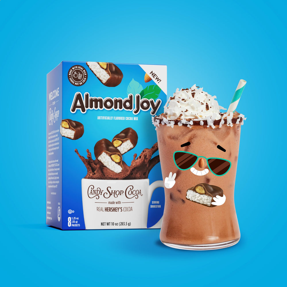 Candy Shop ALMOND JOY polvo del sobre abierto, textura cremosa lista para disolver