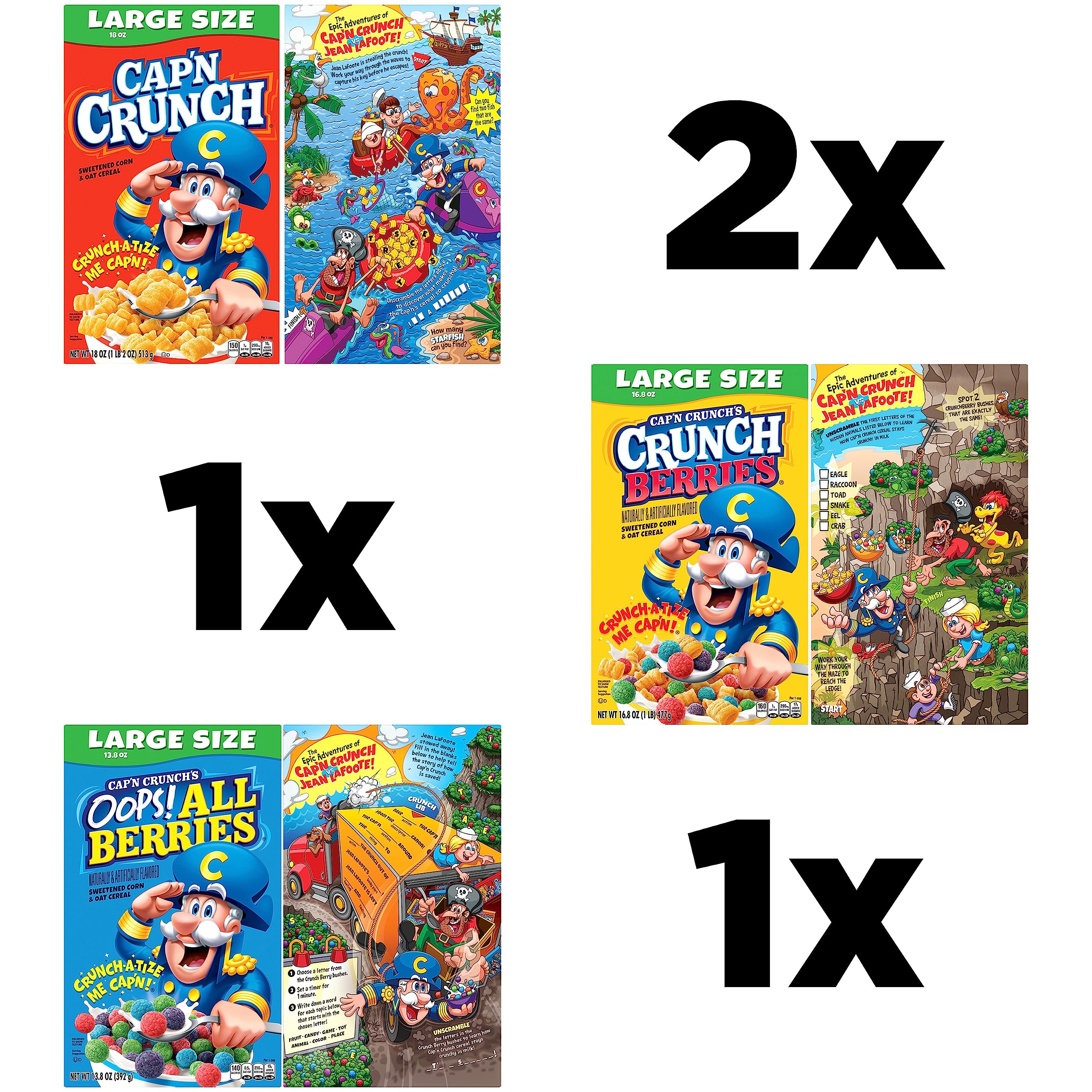 Cap'n Crunch detalle de la caja Crunch Berries con los granos frutales coloridos, sabor visible