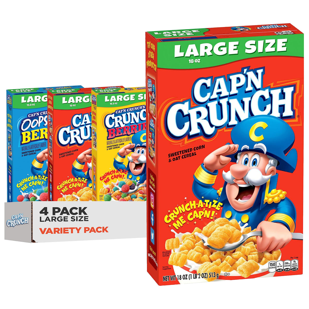 Cap'n Crunch frontal del pack de 4 cajas mostrando variedad y tamaño, conveniencia inmediata