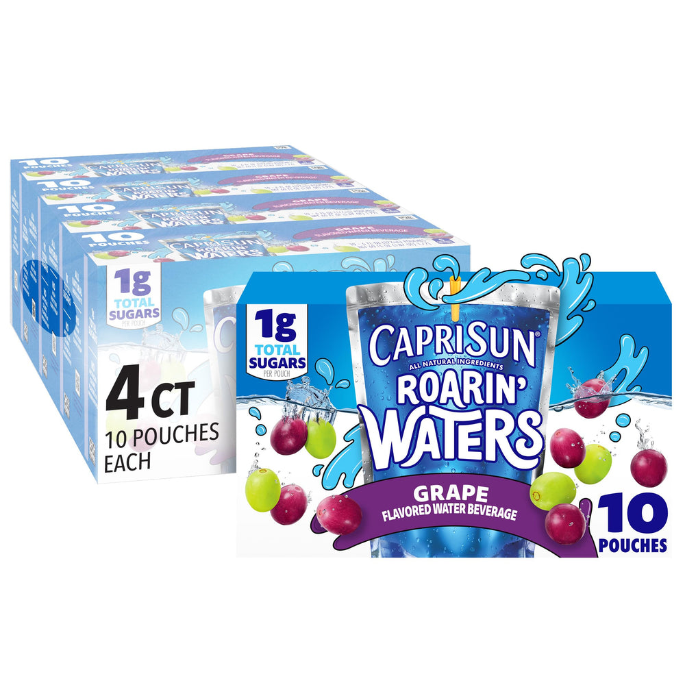 Capri Sun paquete frontal Roarin' Waters Uva mostrando 40 pouches, conveniente
