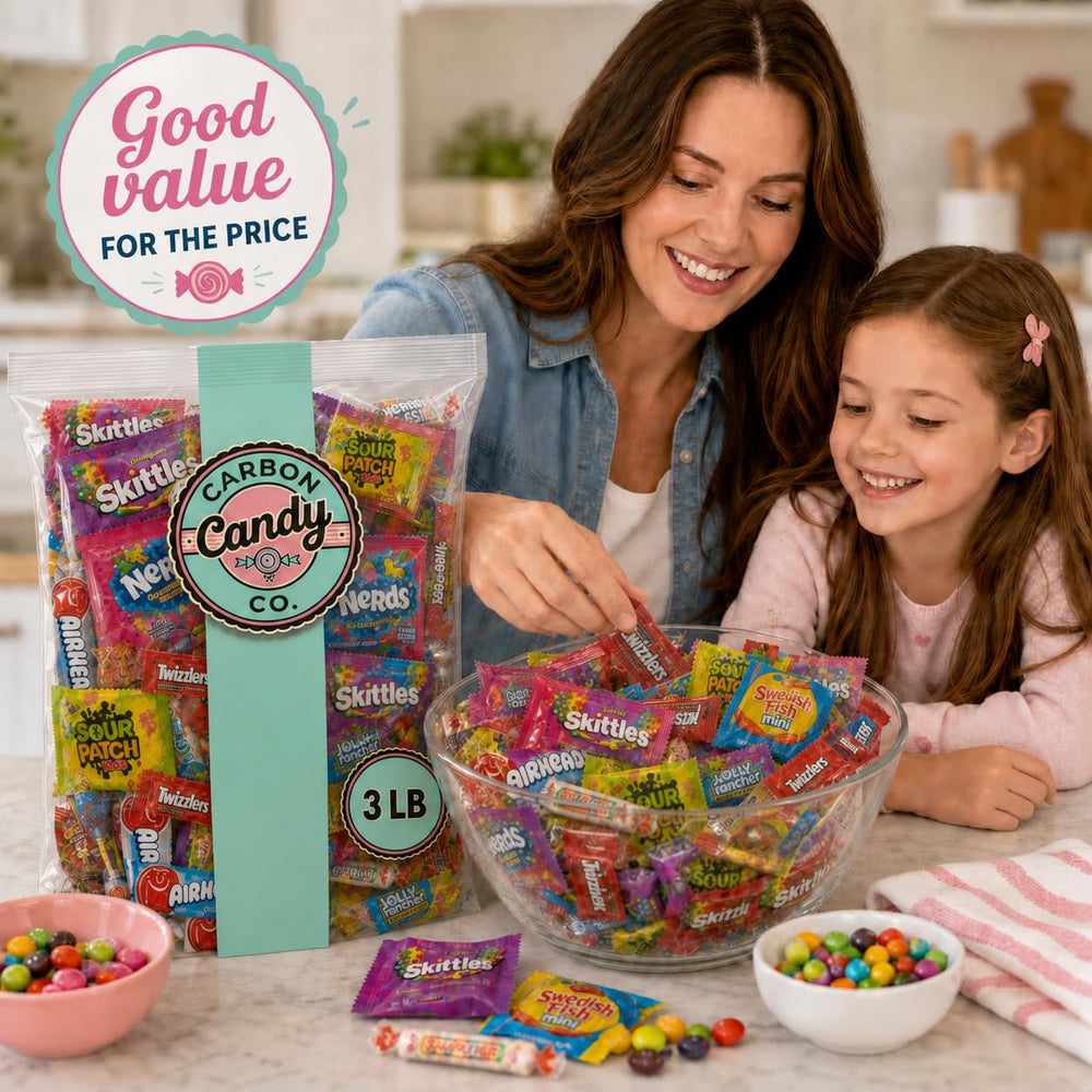 CARBON CANDY CO. mesa de fiesta con dulces desplegados, presentación alegre