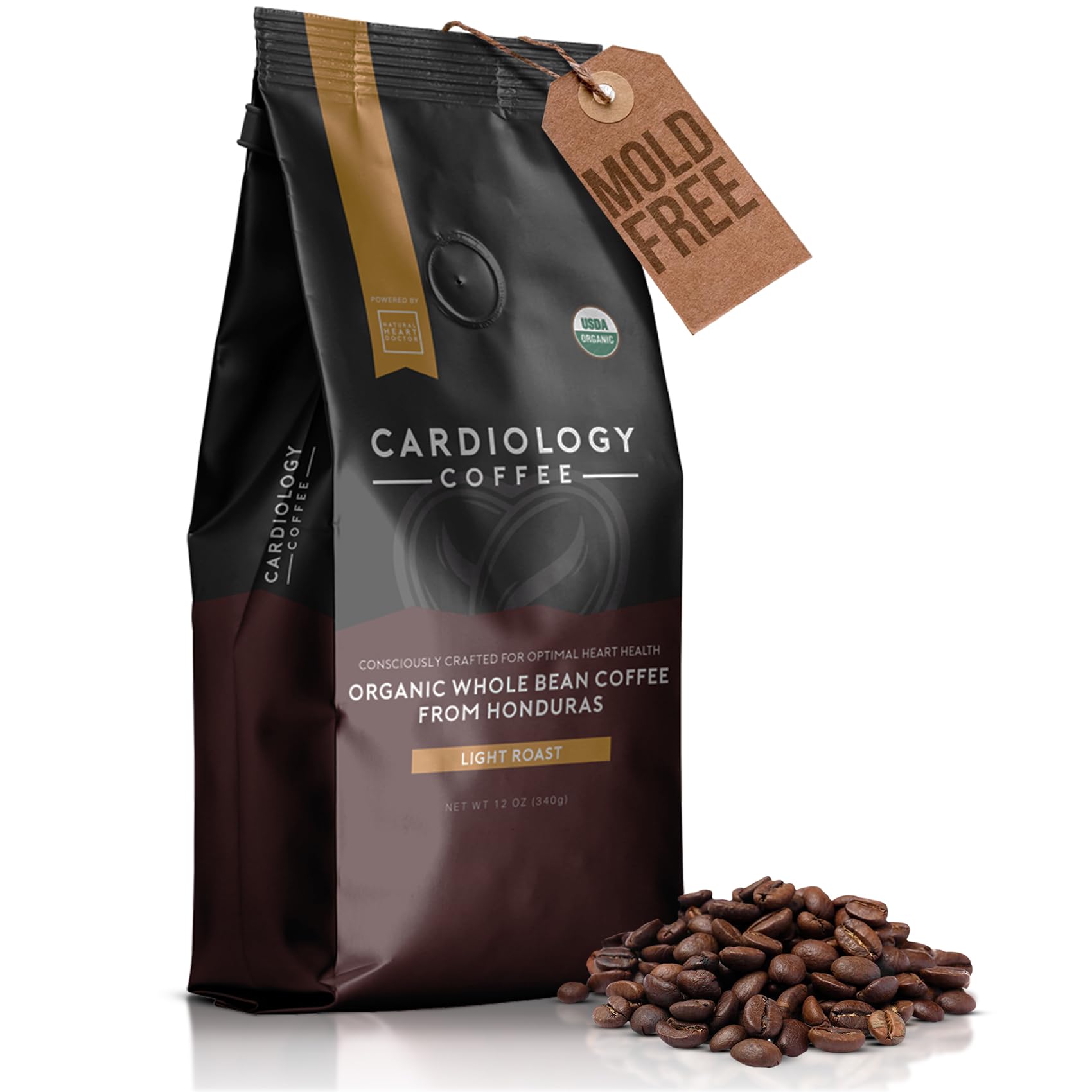 Cardiology Coffee empaque frontal mostrando 12 oz y beneficios orgánicos