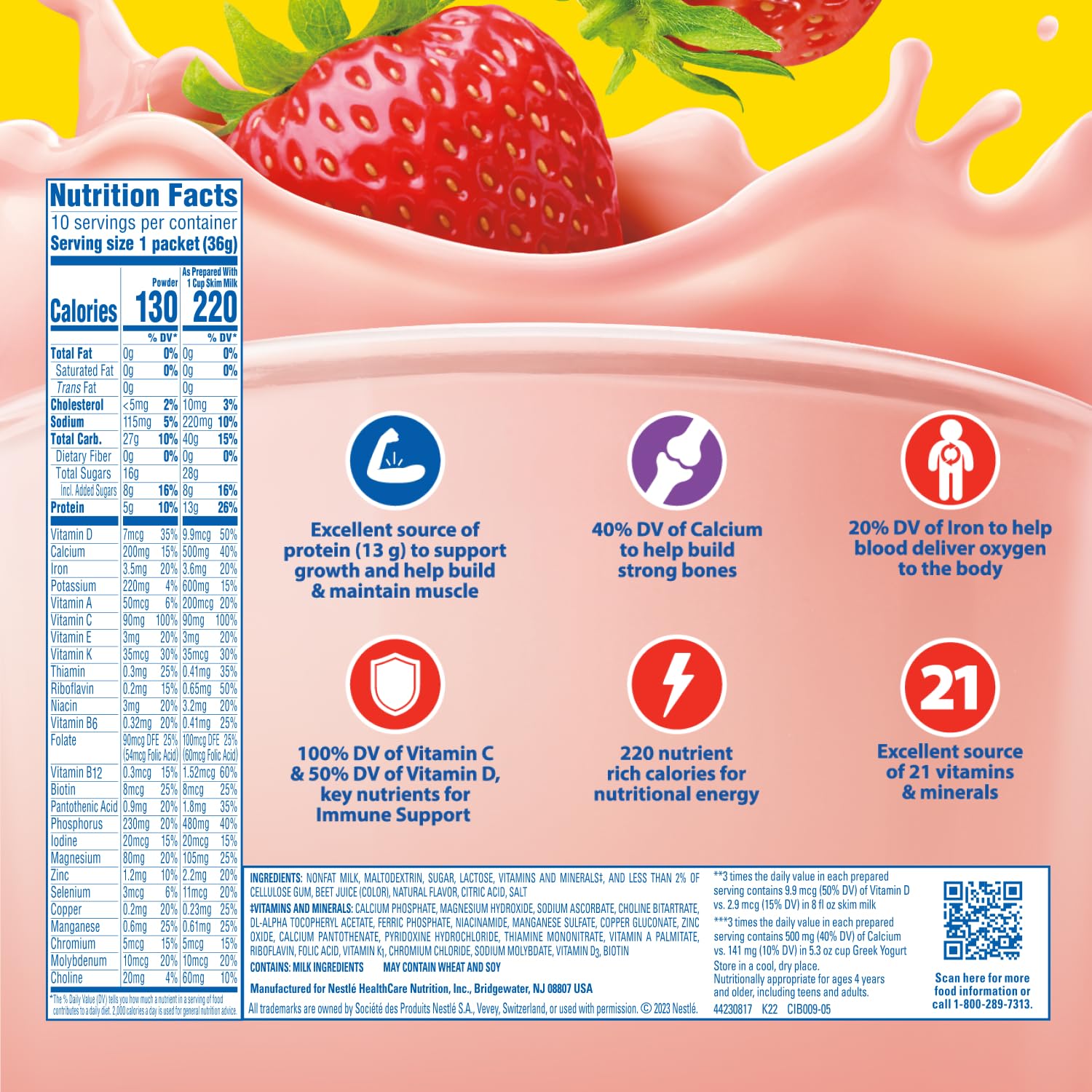 Envase Carnation Breakfast Essentials fresa mostrando etiqueta informativa y conveniencia