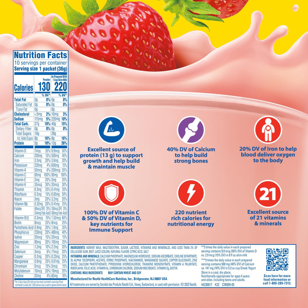Envase Carnation Breakfast Essentials fresa mostrando etiqueta informativa y conveniencia