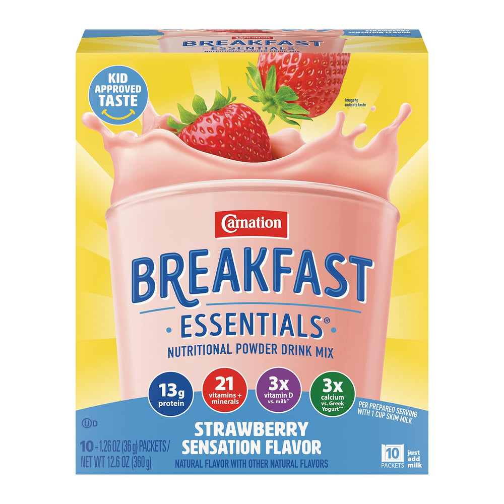Carnation Breakfast Essentials polvo fresa preparando rápido desayuno beneficios nutricionales
