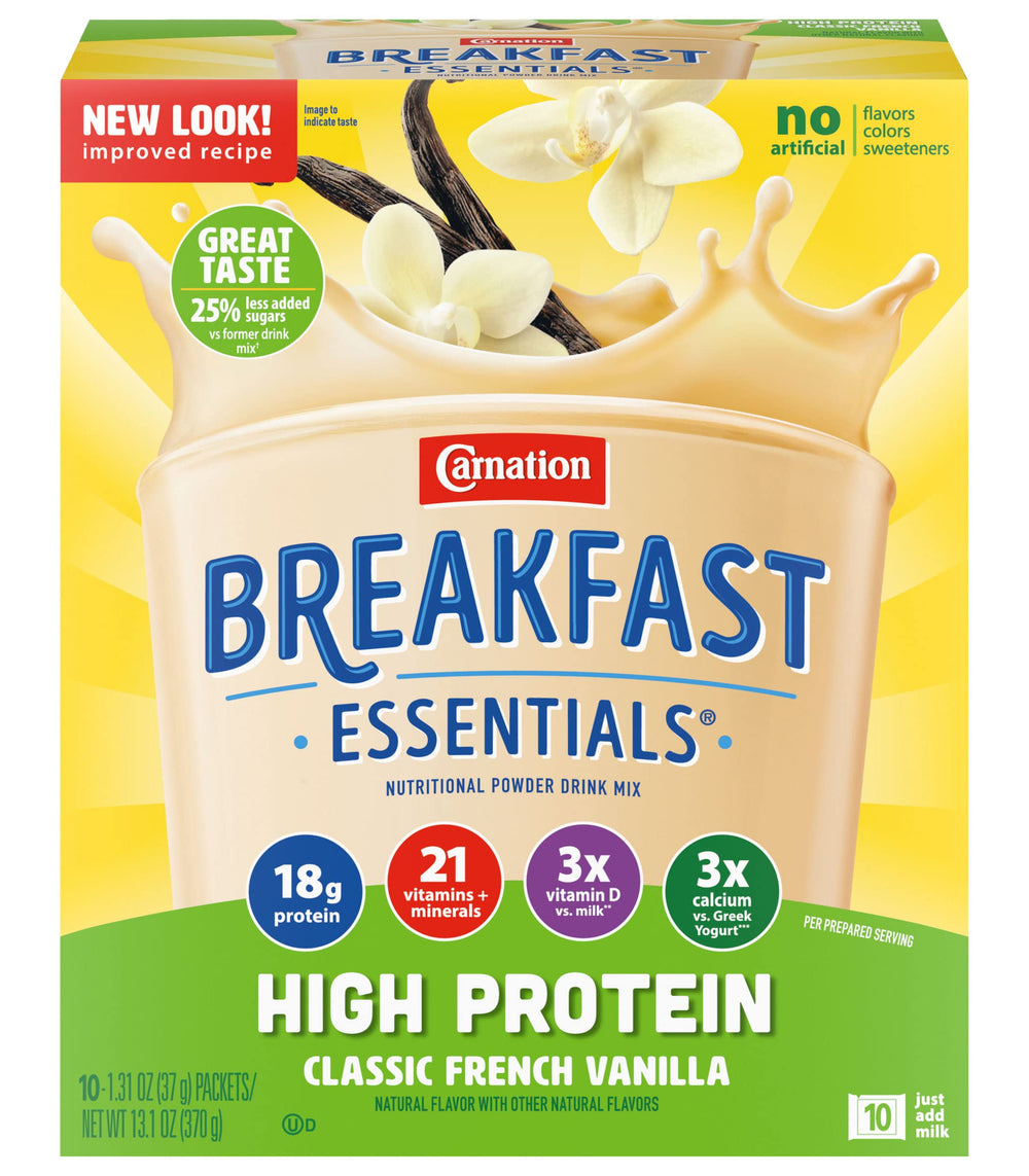 Carnation Breakfast Essentials caja abierta con sobres listos para mezclar