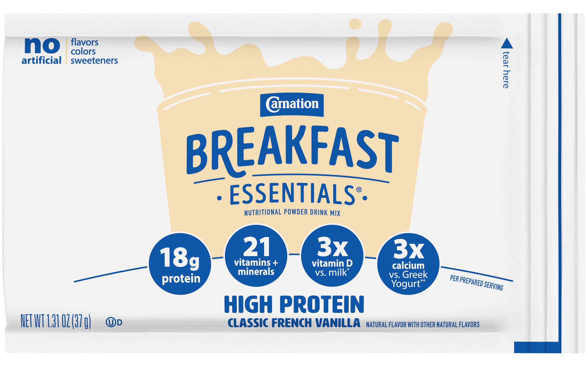 Carnation Breakfast Essentials comparación de tamaño del envase para almacenaje