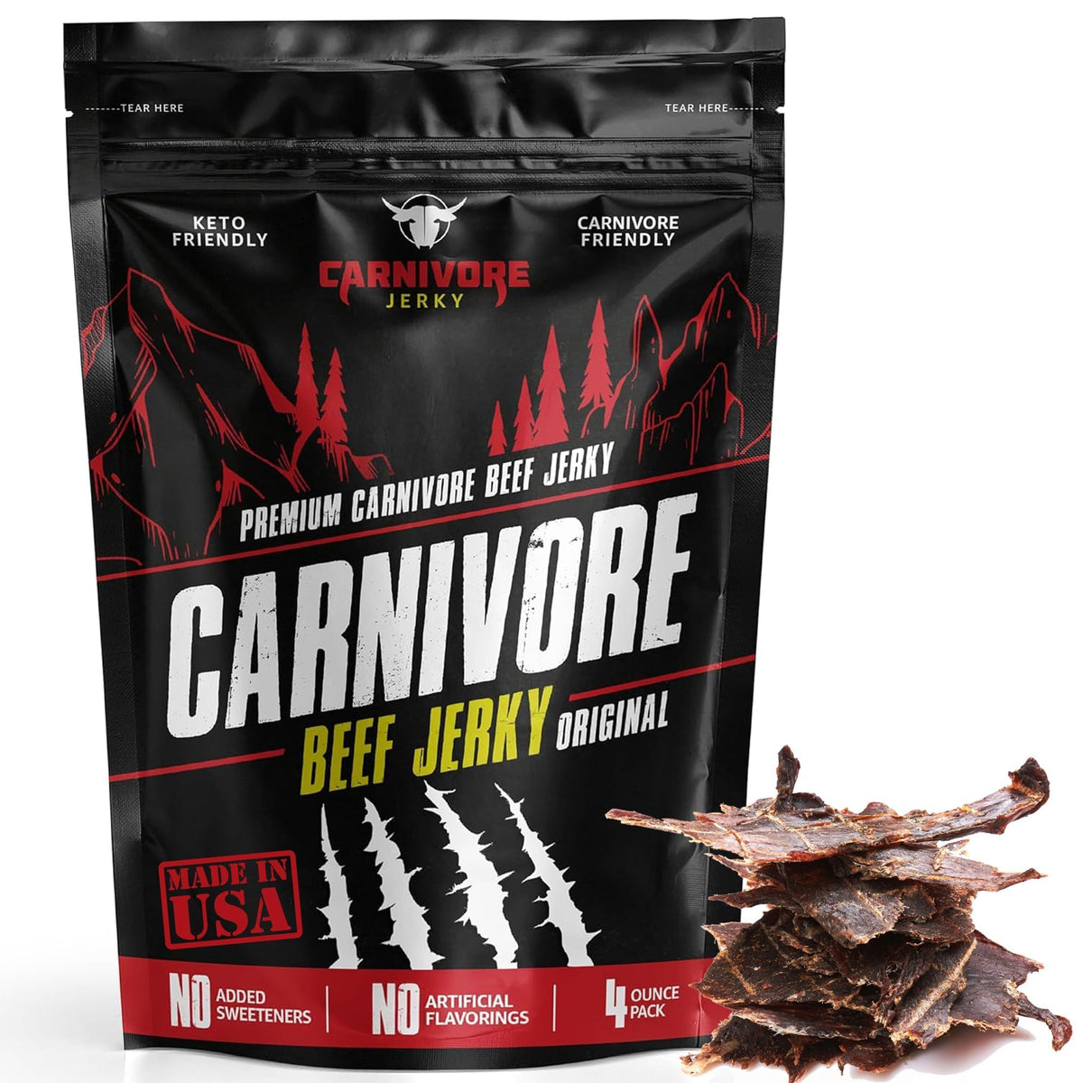 Carnivore Electrolytes paquete frente mostrando 4 oz y beneficios prácticos