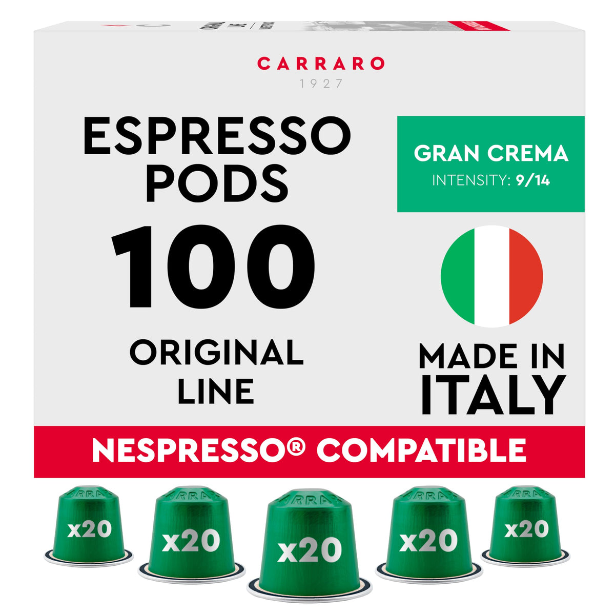 Carraro 1927 Gran Crema frontal del paquete mostrando marca y cápsulas, conserva frescura