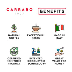 Carraro espresso en taza con crema densa y persistente, textura y sabor intensos