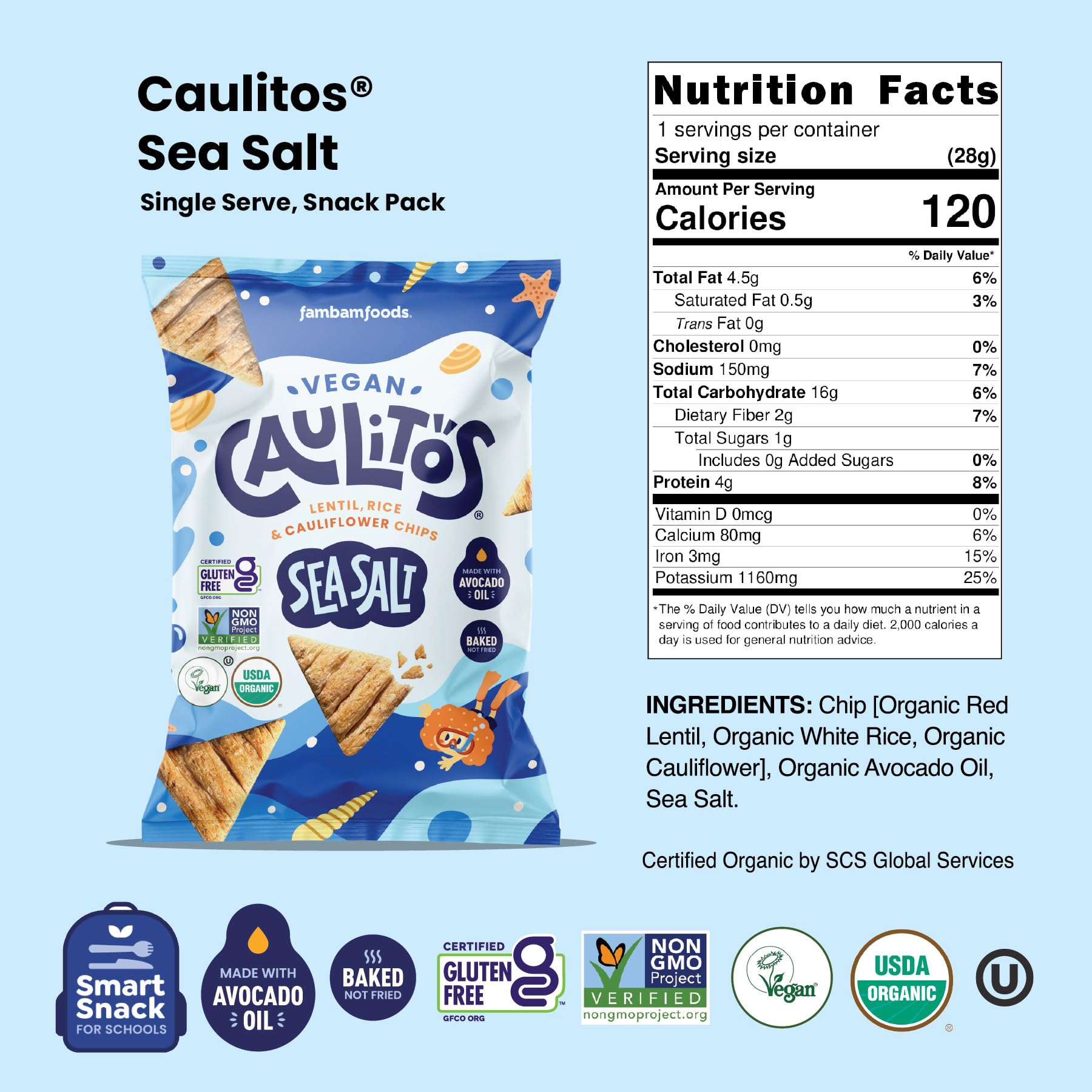 Caulitos chip en mano escala que ilustra tamaño práctico para picar