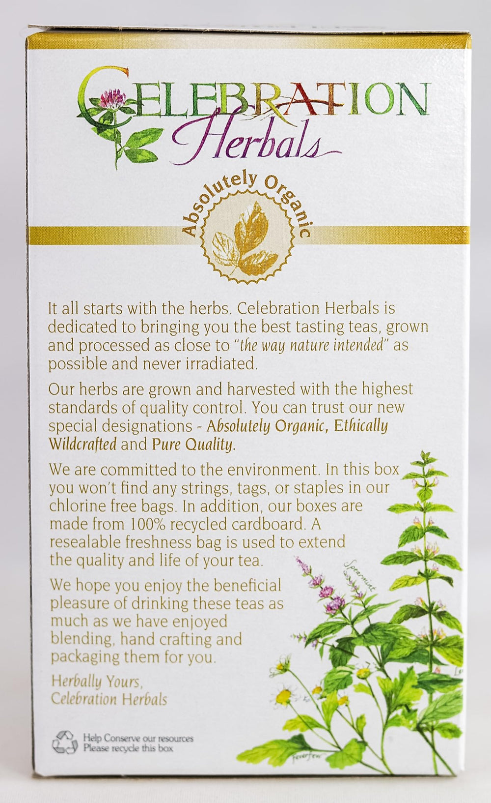 Celebration Herbals caja abierta mostrando cantidad y tamaño de las 24 bolsitas
