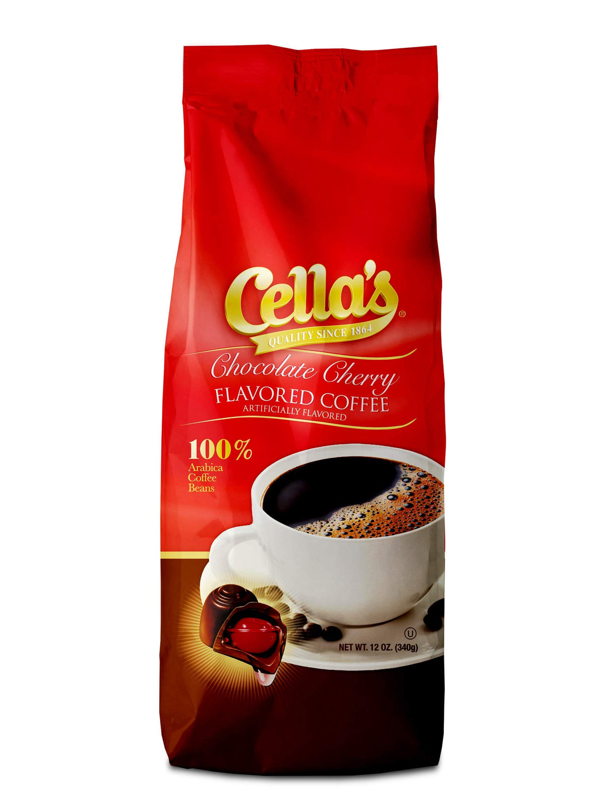 Cella's vista frontal del empaque mostrando marca y sabor chocolate cereza, atractivo visual