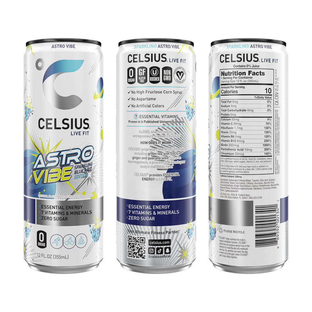 CELSIUS lata en primer plano resaltando sabor Blue Razz vibrante