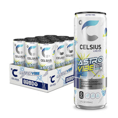 CELSIUS lata pack frontal mostrando diseño Astro Vibe y conveniencia