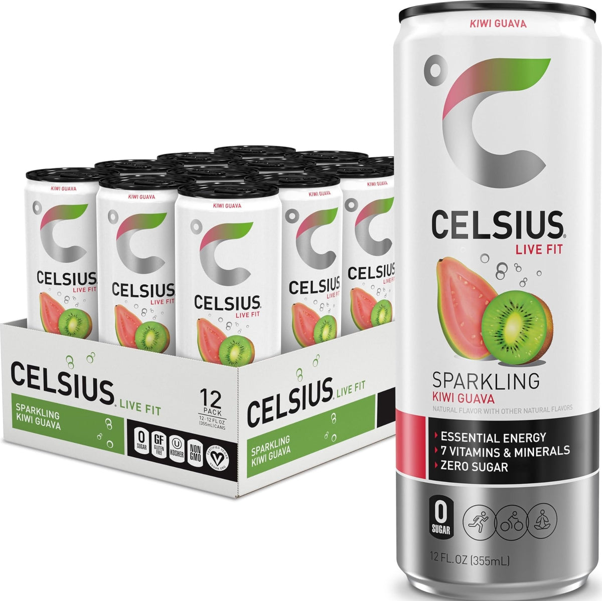 CELSIUS lata frente mostrando diseño y sabor kiwi guayaba