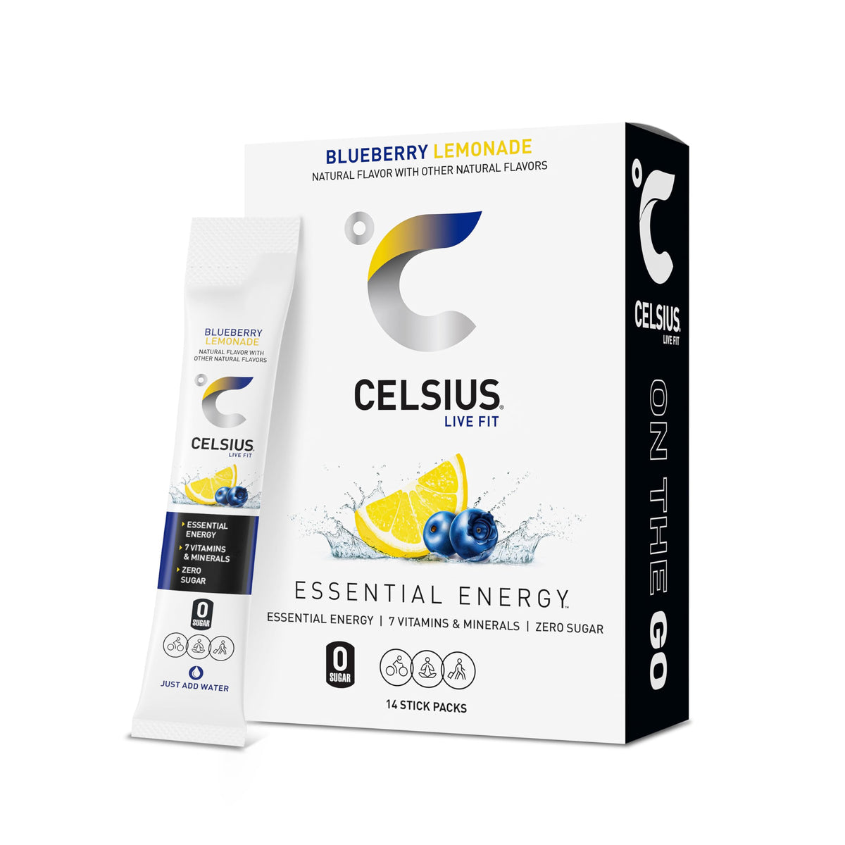 CELSIUS empaque frontal mostrando 14 sobres y marca clara, beneficio portable