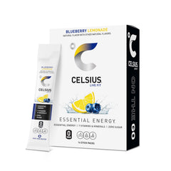 CELSIUS empaque frontal mostrando 14 sobres y marca clara, beneficio portable